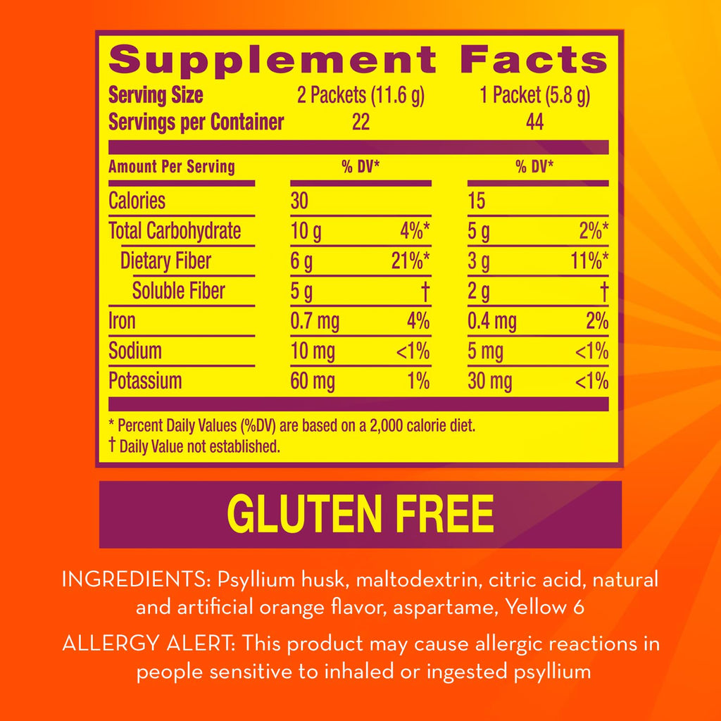 Metamucil On-the-Go Packets, Sugar-Free, 44 Packets, 4-in-1 Psyllium Husk Fiber Supplement, Orange Flavored, Individual Servings Great for Travel