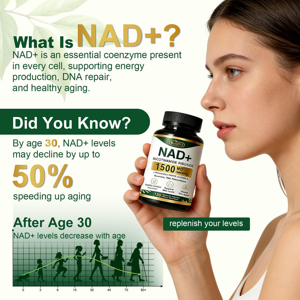 BUIUYLT NAD+ Supplement 1500mg, NR NMN Replacement with Resveratrol, Urolithin A, CoQ10 & Quercetin for Cellular Energy, Healthy Aging & Stamina for Women & Men - 120 Capsules BUIUYLT Au supplements