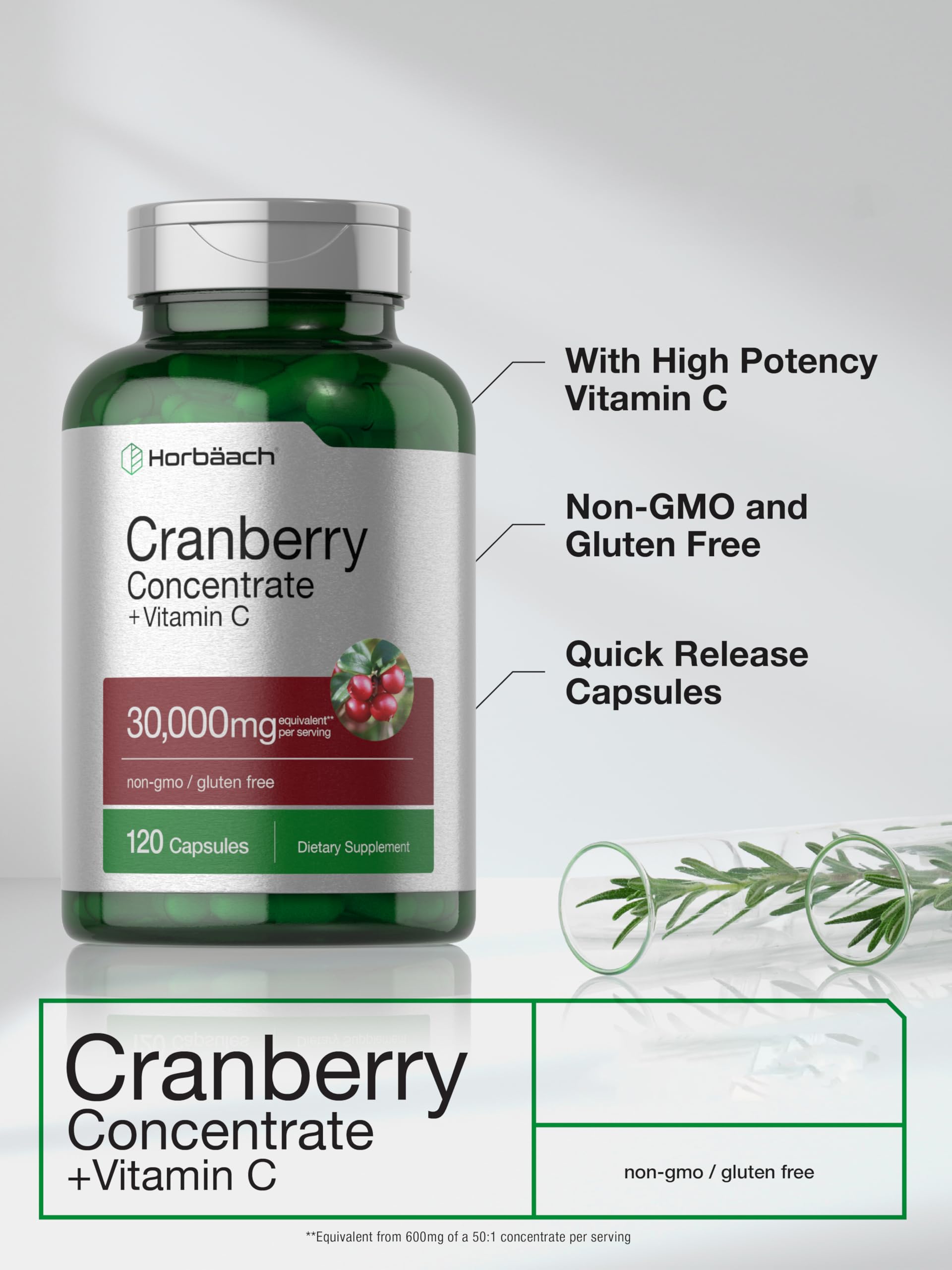 Horbäach Cranberry Concentrate Extract Pills + Vitamin C | 120 Capsules | Supplement for Women and Men | Triple Strength Ultimate Potency Formula