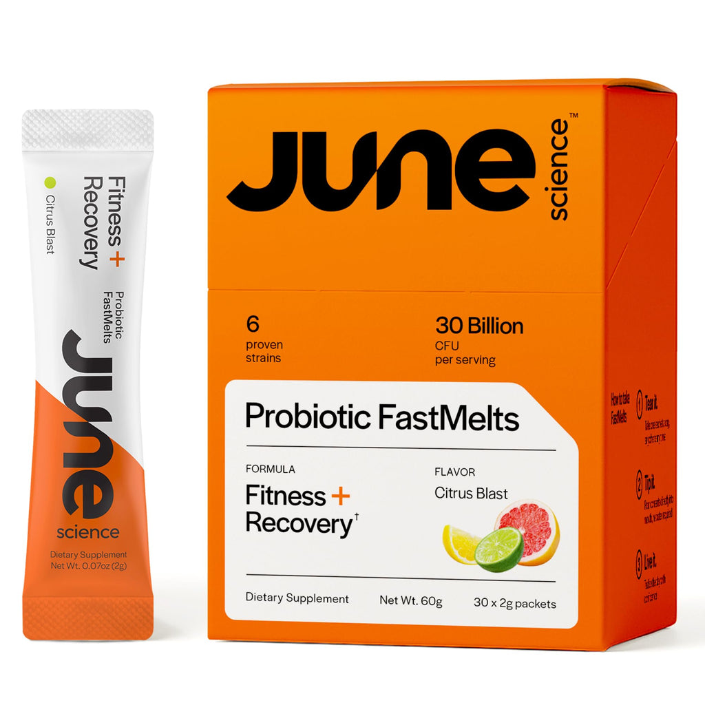 June Science Fitness + Recovery | Fast Melt Pre + Probiotic for Muscle Recovery + Training - Citrus Blast Flavor, 30 Powder Sachets