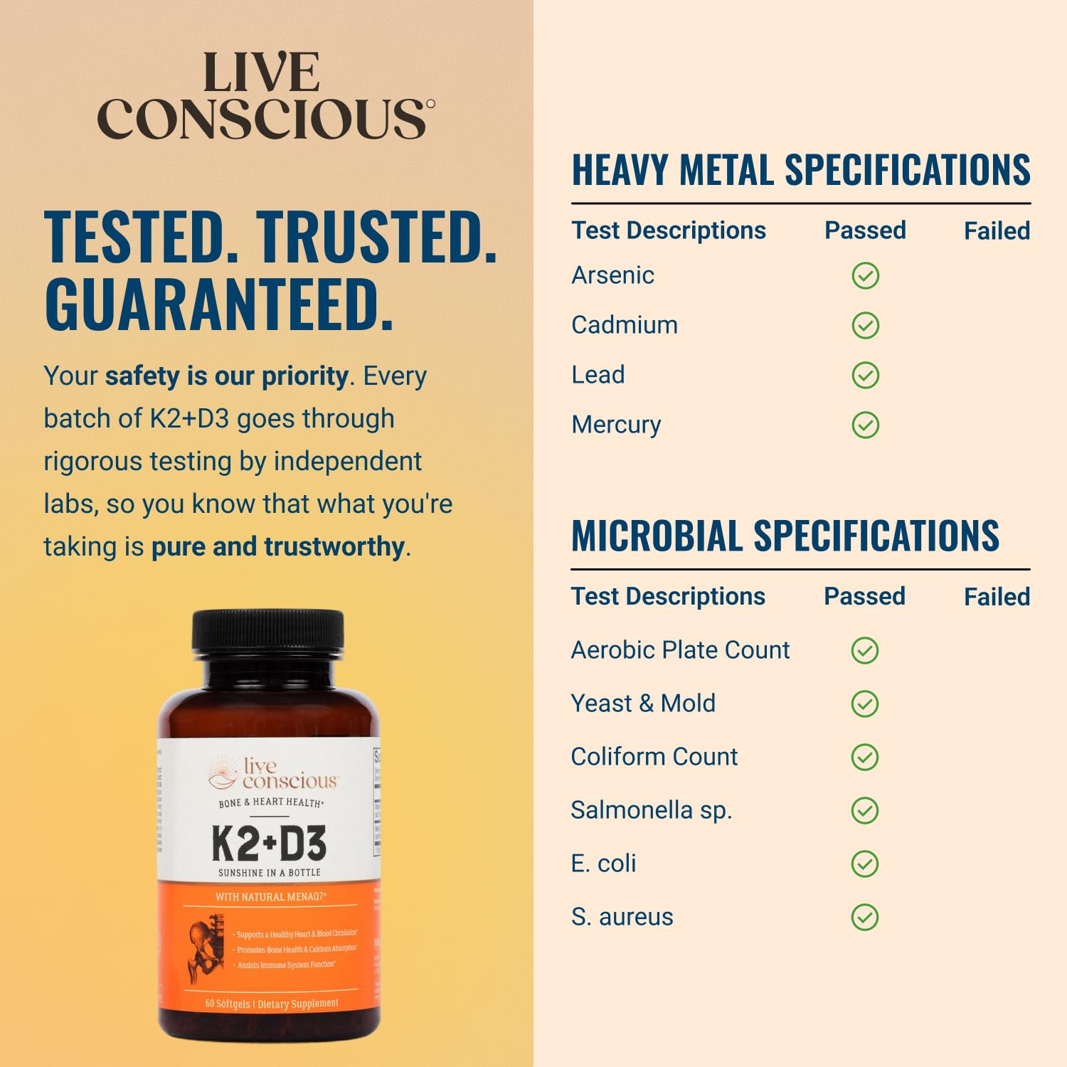 Live Conscious Vitamin K2 MK7 with D3 Supplement | Bone & Heart Health Support - Patented Vitamin K & Vitamin D3 5000 IU - 60 Softgels