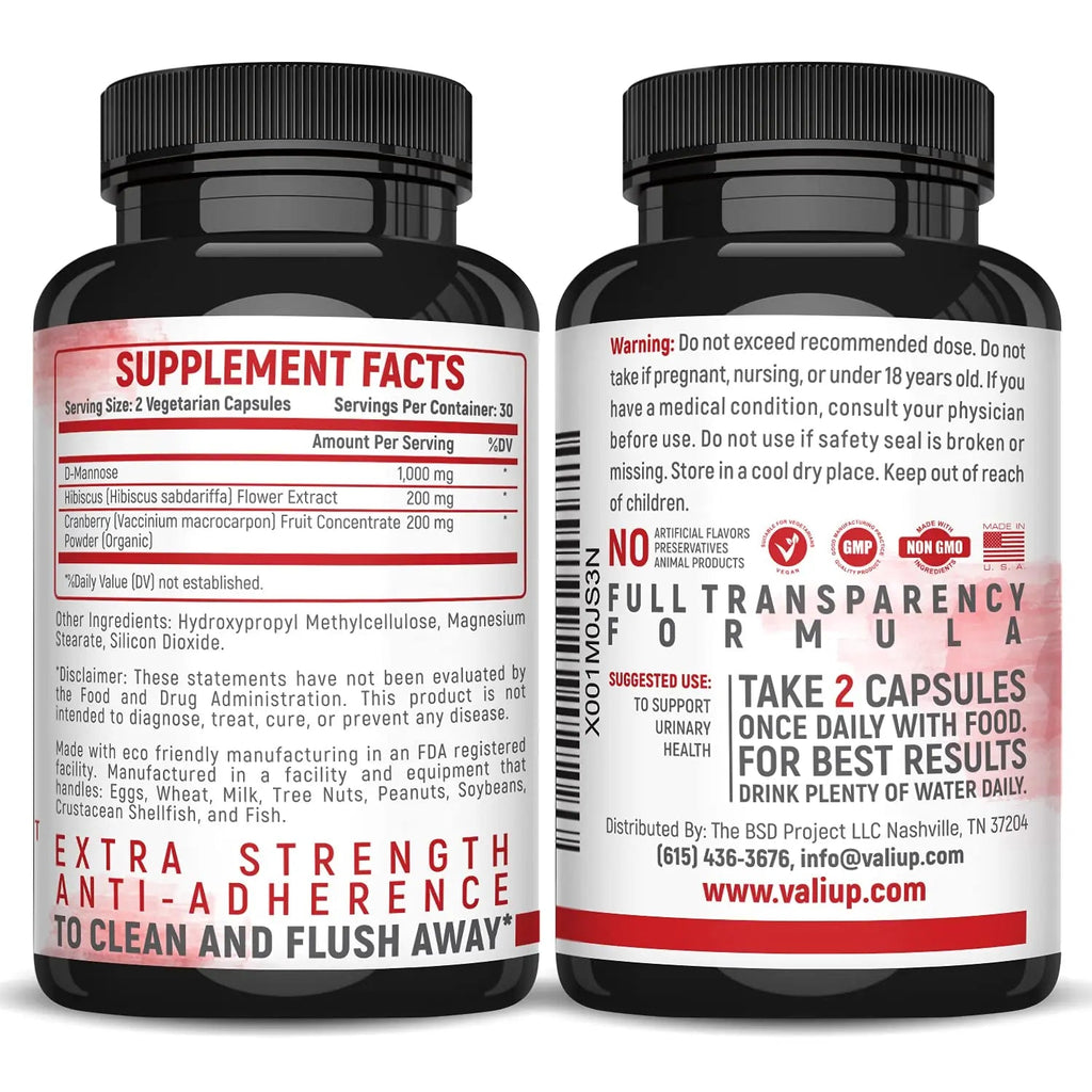VALI D-Mannose 1000mg Urinary Tract Health Formula. Organic Cranberry Fruit Powder & Hibiscus. Healthy Bladder, Natural Cleanse, Fast Detox Flush, Herbal UT Function Support Pills. 60 Veggie Capsules VALI Au supplements