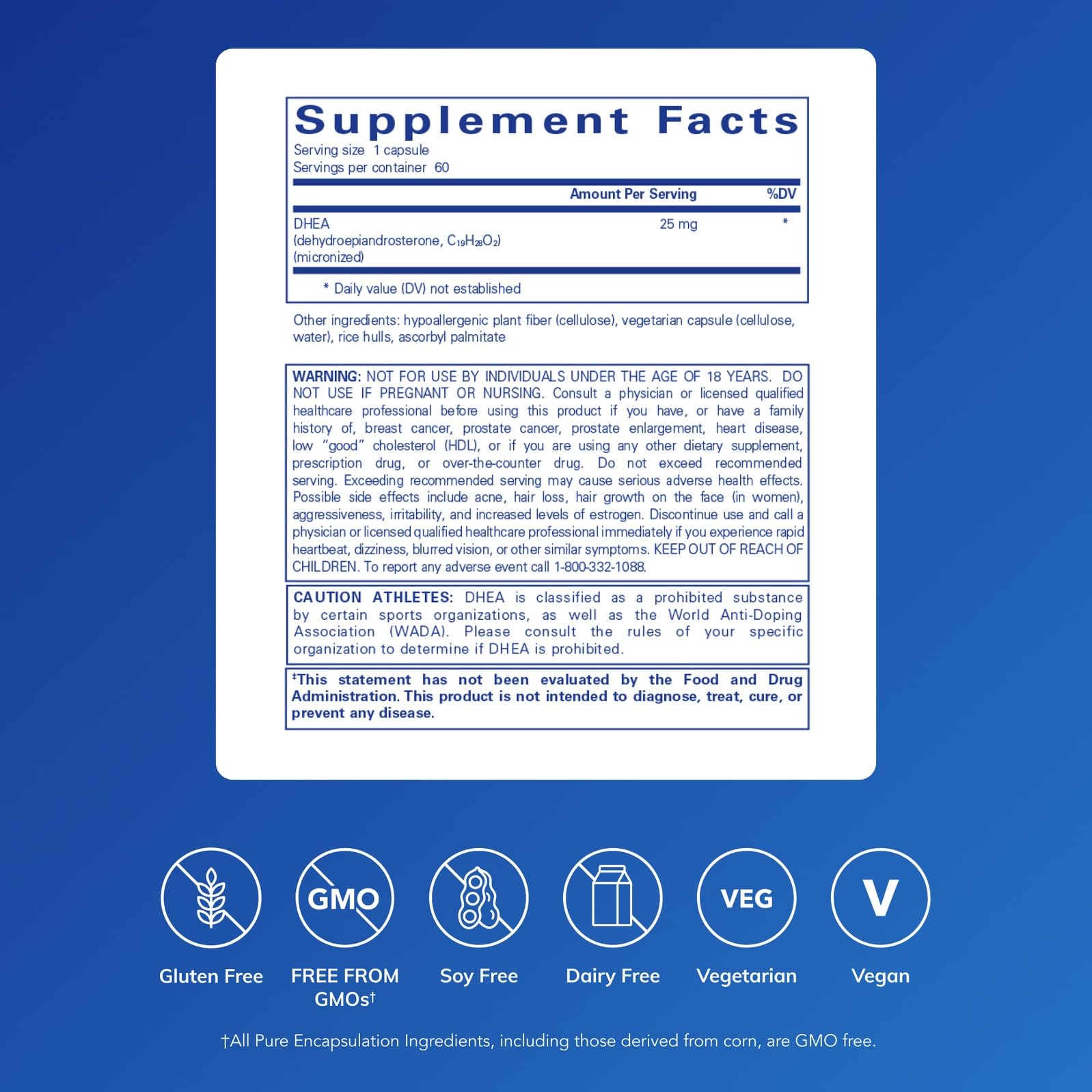 Pure Encapsulations DHEA 25 mg - Supplement for Immune Support, Hormone Balance, Metabolism Support, and Energy Levels* - with Micronized DHEA - 60 Capsules Pure Encapsulations Au supplements