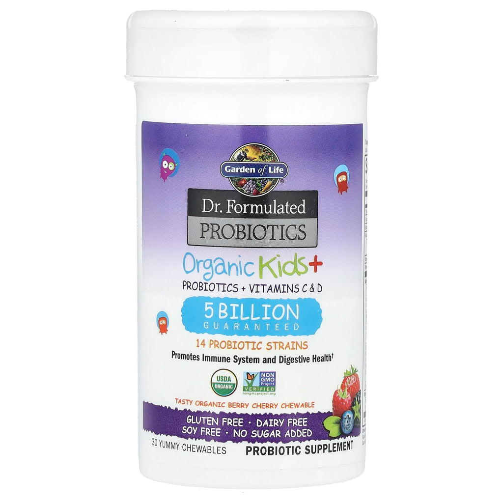 Garden of Life Dr. Formulated Probiotics Organic Kids+ plus Vitamin C & D - Berry Cherry - Gluten, Dairy & Soy Free Immune & Digestive Health Supplement