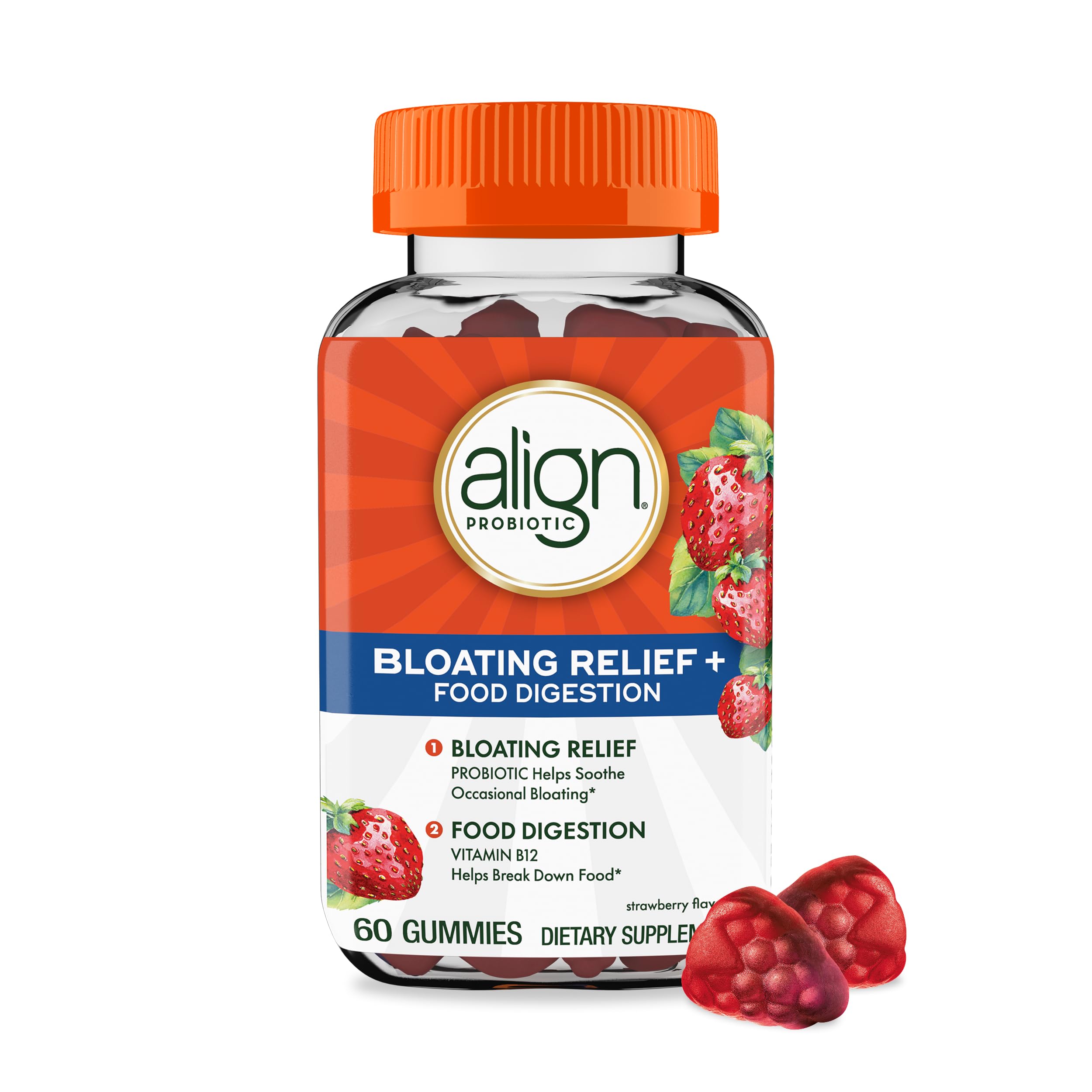 Align Probiotic, Bloating Relief + Food Digestion, Probiotics for Women and Men, Probiotic Helps Soothe Occasional Bloating*, With Vitamin B12 to Help Break Down Food into Cellular Energy*,60 Gummies Align Au supplements
