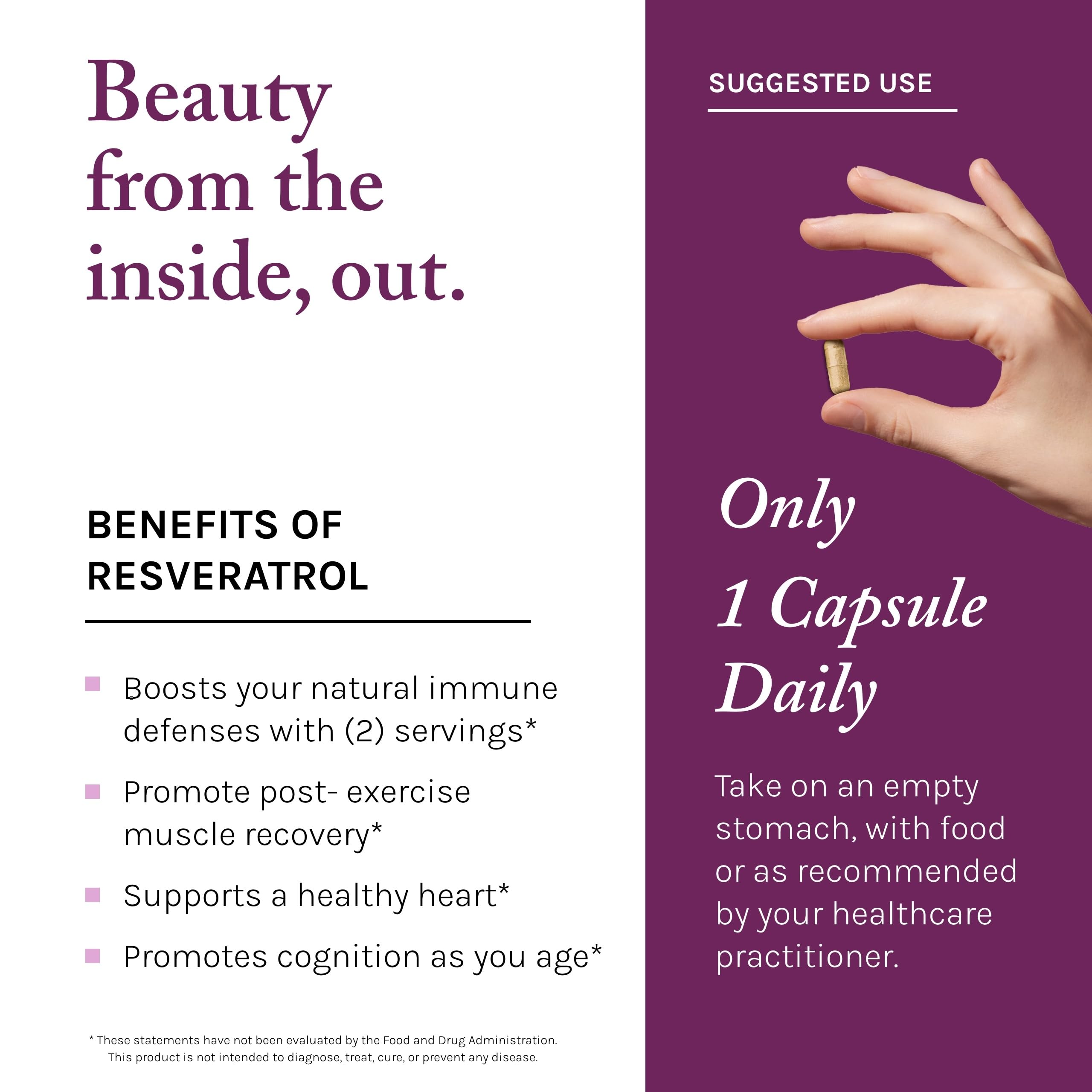 Reserveage Beauty, Resveratrol 500 mg with Pterostilbene, Antioxidant Supplement for Immune Support & Heart Health, Supports Healthy Aging