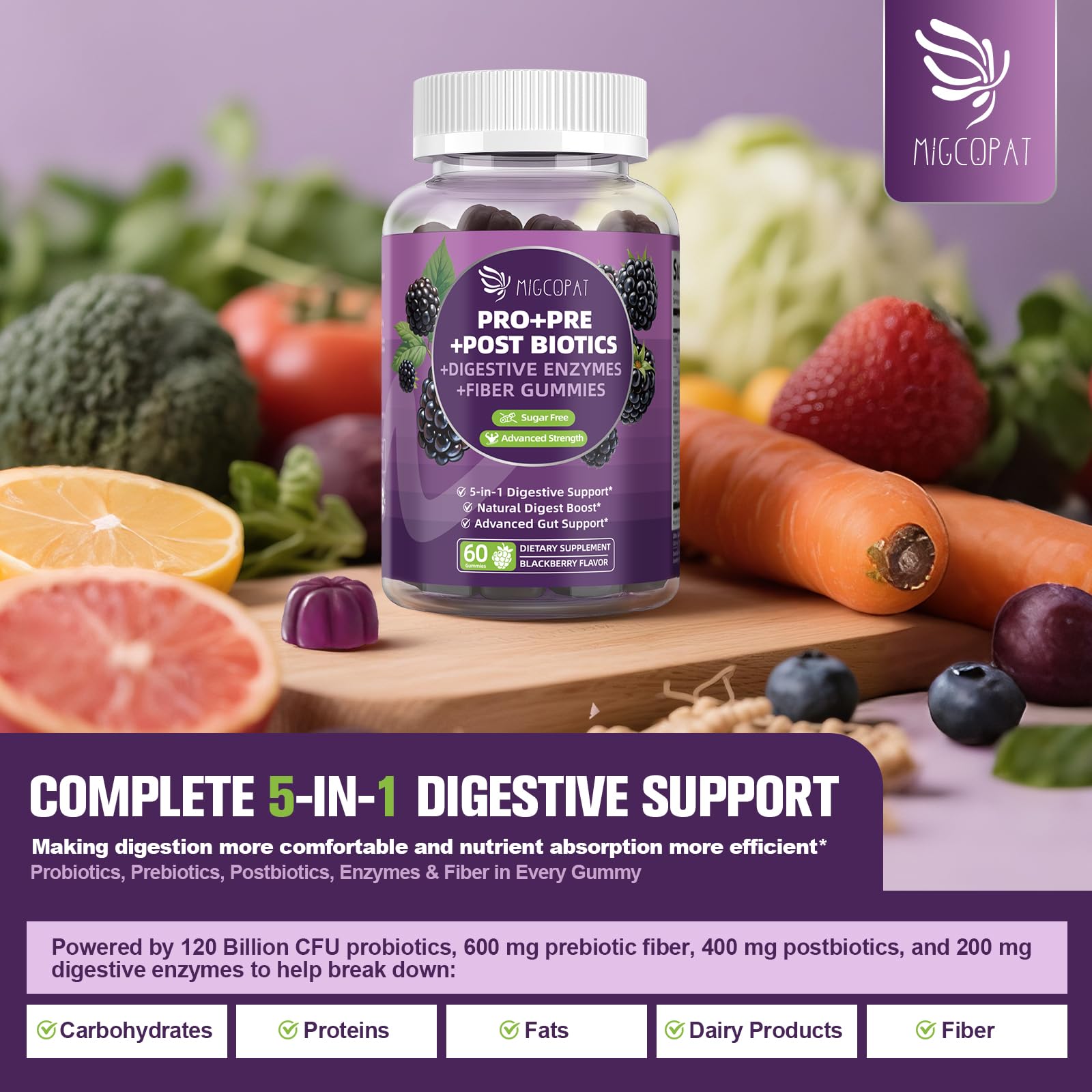 Migcopat Pre Post Probiotics Gummies, 5 in 1 Probiotic Prebiotic Postbiotic Digestive Enzymes with Fiber, 120 Billion CFU Probiotics Complete Gut Support, Sugar Free, Vegan, BlackBerry Flavor, 60 Cts Migcopat Au supplements