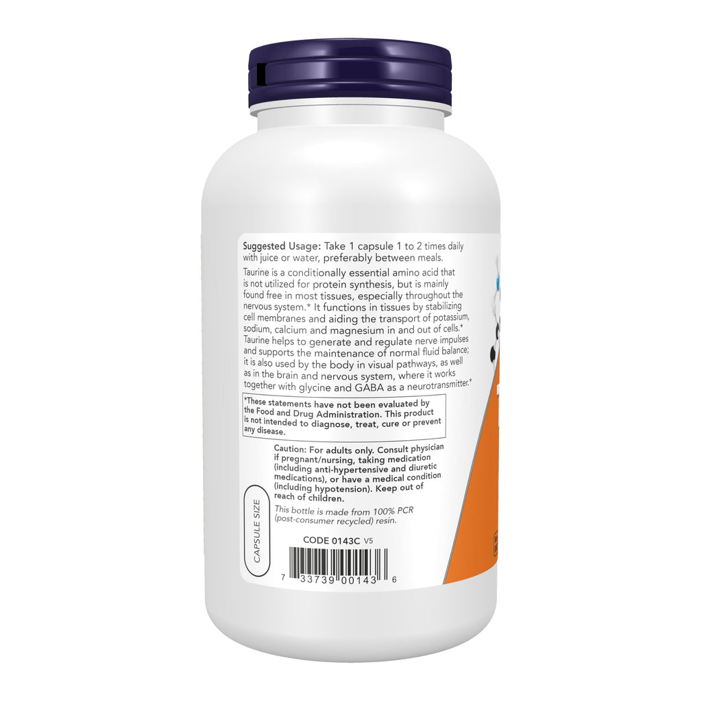 NOW Foods Supplements, Taurine 1,000 mg, Double Strength, Nervous System Health*, 250 Veg Capsules