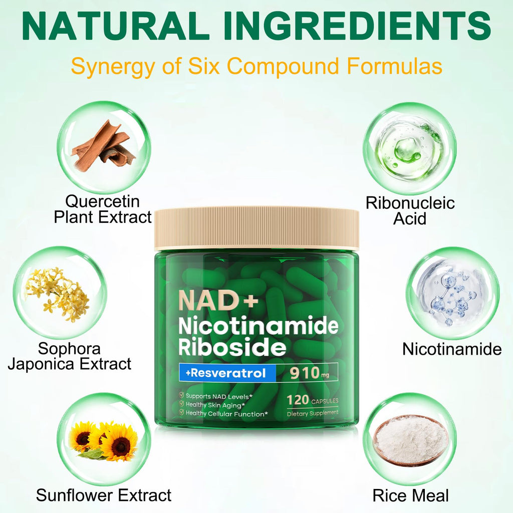 NAD Supplement 120 Capsules, Liposomal Nicotinamide Riboside, Resveratrol, Quercetin, NAD Nicotinamide Riboside Resveratrol 910mg for Women & Men, NAD Supplement for Anti Aging and Cell Regeneration RHBESTOK Au supplements