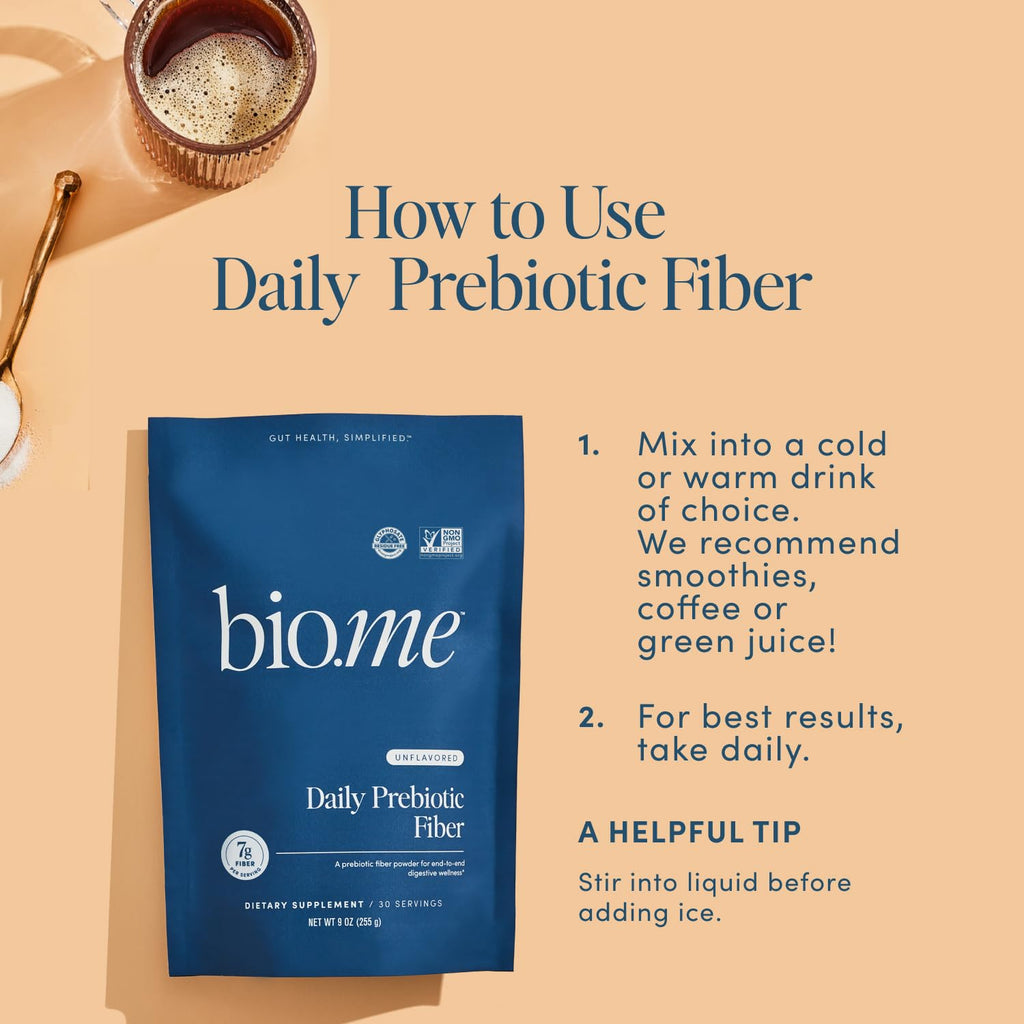 Bio.me Daily Prebiotic Fiber Powder Unflavored - 7g Per Serving - Soluble & Insoluble Fiber Supplement Powder for Women & Men - Digestive Health & Gut Health