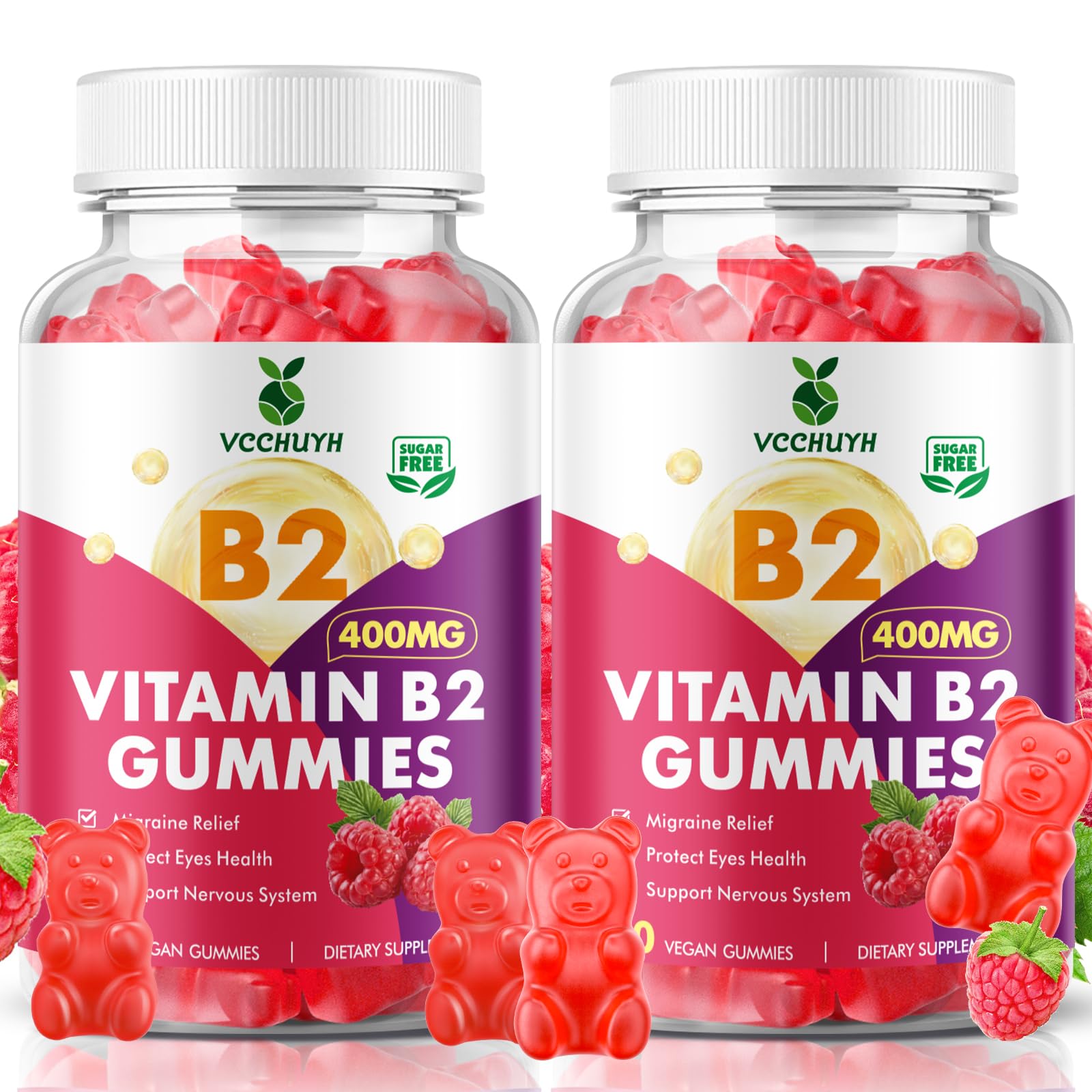 VCCHUYH Vitamin B2 Gummies for Kids & Adults, VIT B2 Riboflavin 400mg Supplement with Magnesium for Migraine Relief & Nervous System Support, Non-GMO
