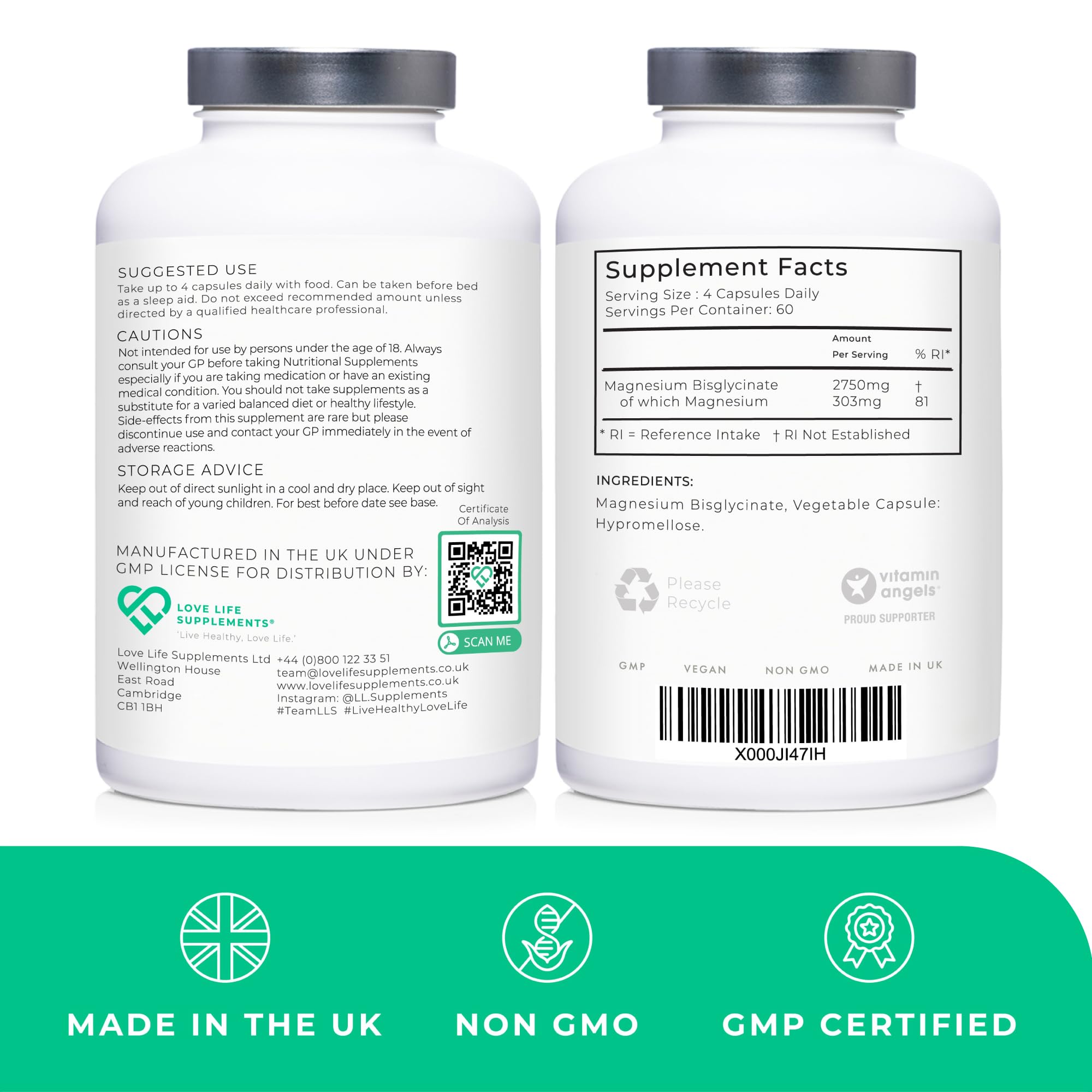 Love Life Supplements Pure Magnesium Glycinate (Bisglycinate), 240 Vegan Capsules, 2 Month Supply, High Strength 300mg Elemental