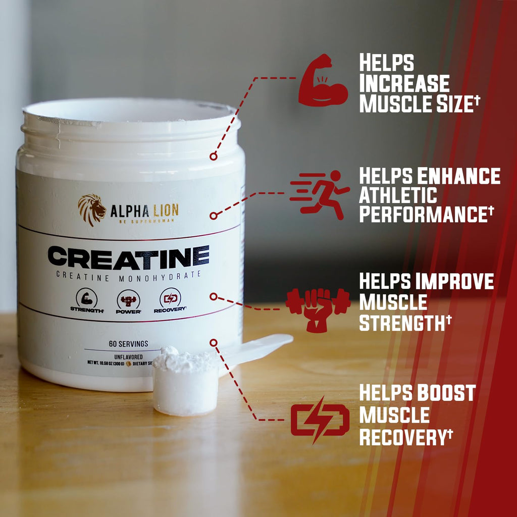 ALPHA LION Creatine Monohydrate Powder, 5000mg Per Serving (5g), Supports Muscle Strength, Power, Athletic Performance, Pure Creatina Monohydrata