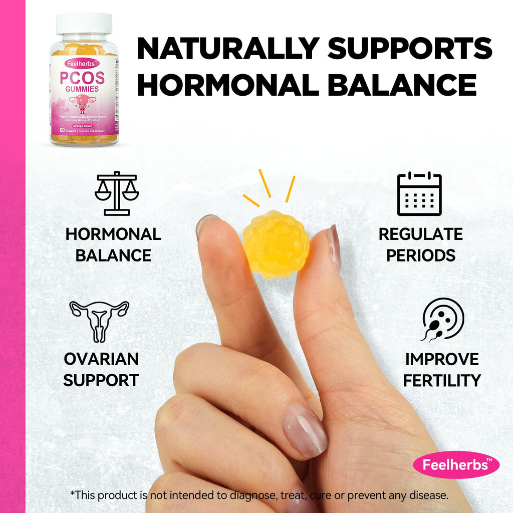 PCOS Gummies for Women Menstrual Cycle & Hormonal Balance, 60 Count Ovarian Support Gummies with Myo-Inositol, Folate and Vitamins, Orange Flavor PCOS Vitamins Gummies Helps Fertility and Ovulation Feelherbs Au supplements