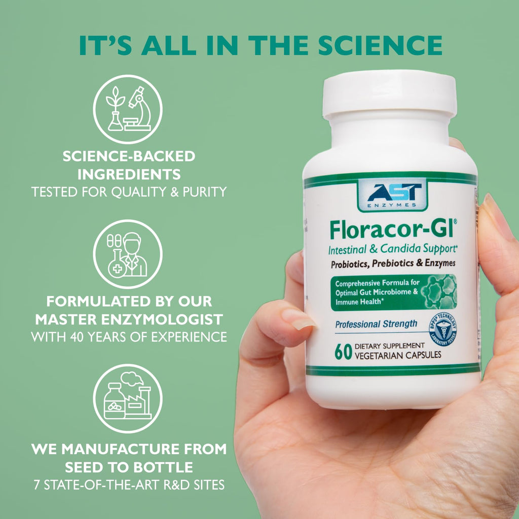 AST Enzymes Floracor - Supports Gut & Intestinal Health - Premium Probiotic, Prebiotic and Enzyme Formula - 60 Vegetarian Capsules