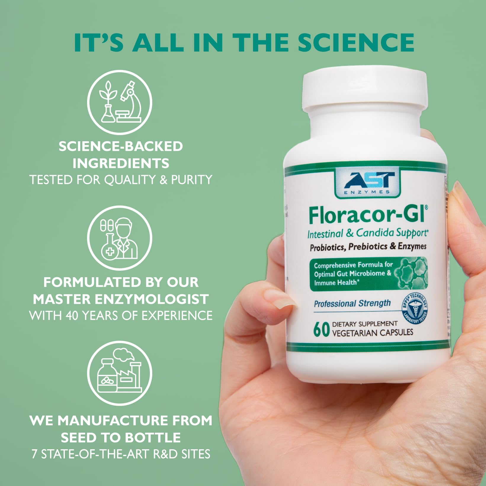 AST Enzymes Floracor - Supports Gut & Intestinal Health - Premium Probiotic, Prebiotic and Enzyme Formula - 60 Vegetarian Capsules