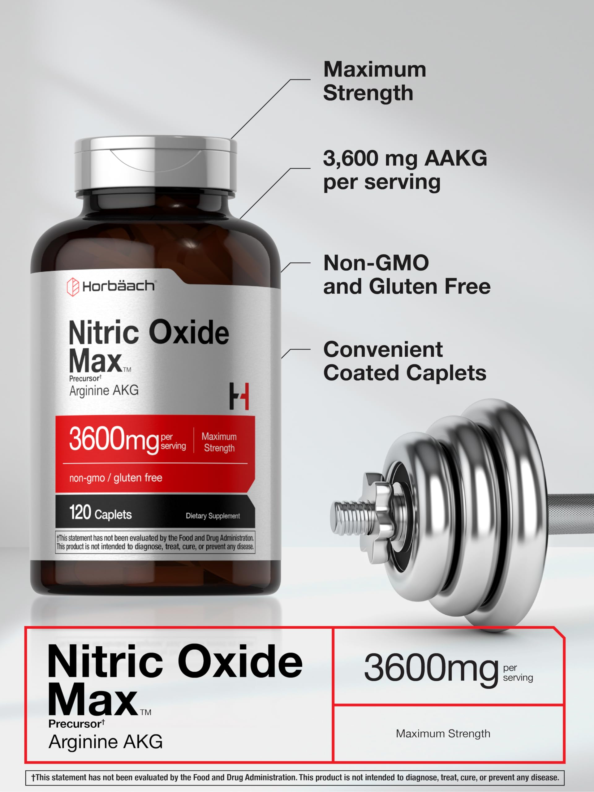 Horbäach Nitric Oxide Max 3600mg | 120 Caplets | with Arginine AAKG for Men and Women | Vegetarian, Non-GMO