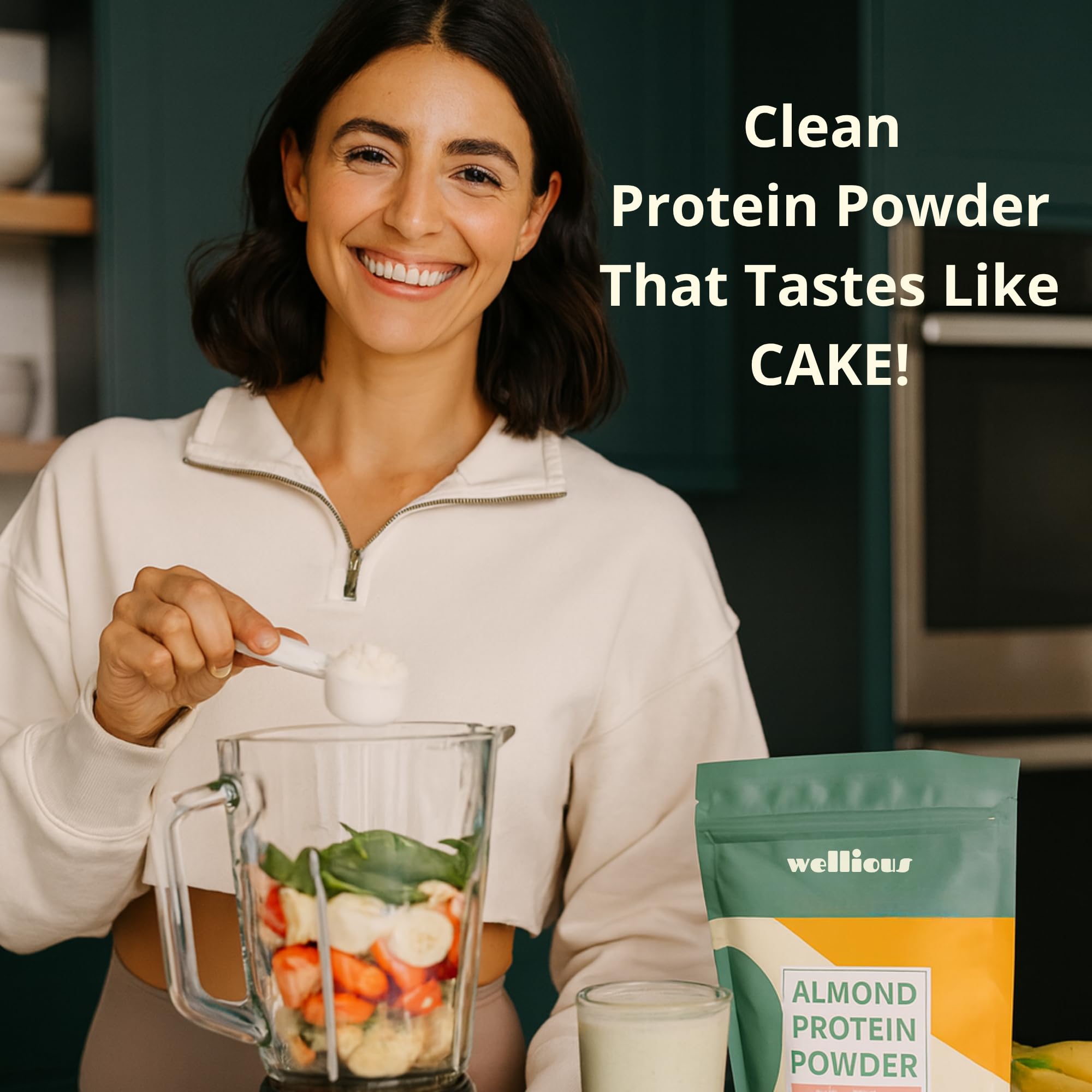 wellious Almond Protein Powder (Unflavored, Unsweetened) - 18 Grams of Pure Healthiest Vegan Protein for Women & Men | Soy-Free & Gut Friendly Protein