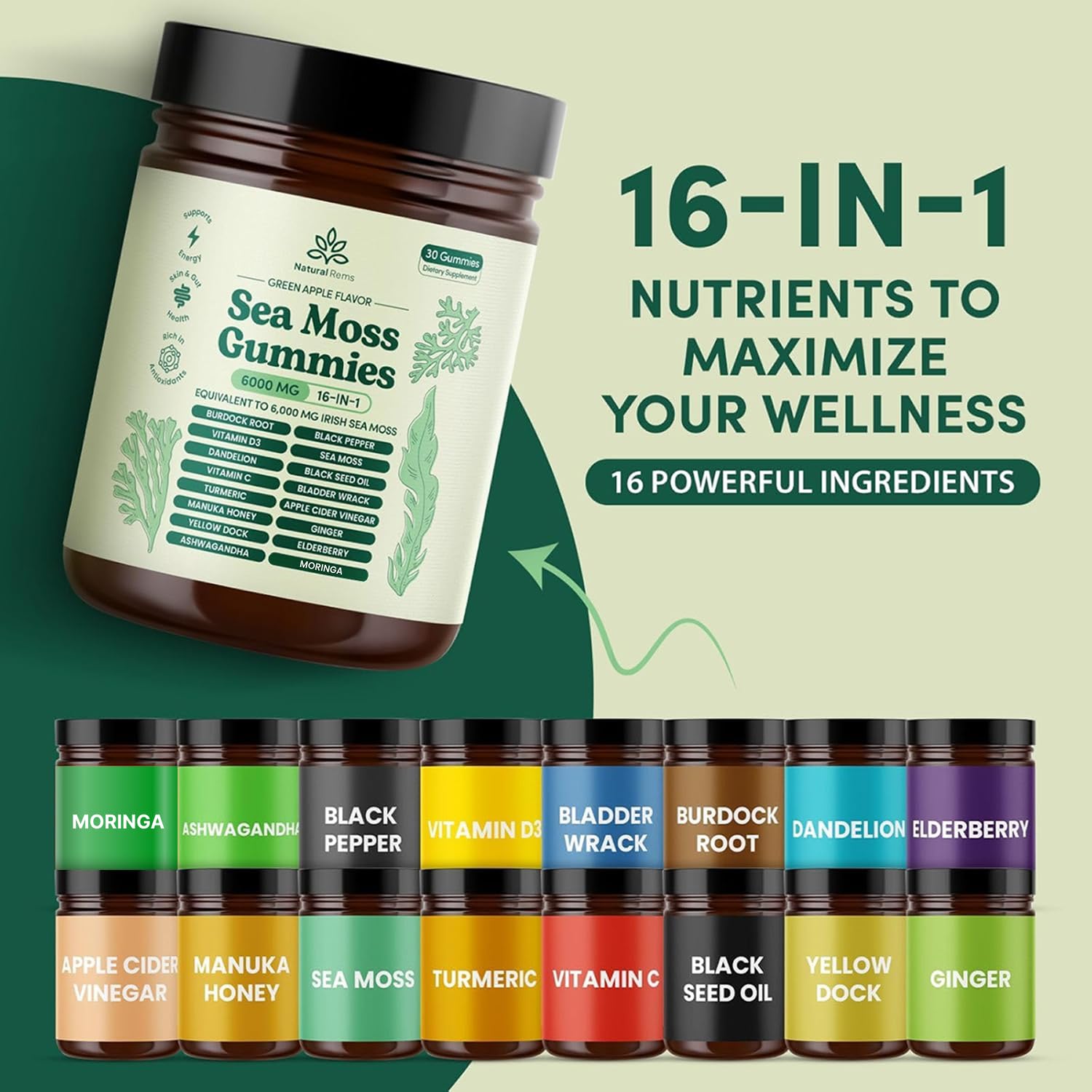 Natural Rems Sea Moss Gummies 16-in-1 - Ashwagandha Black Seed Oil Bladder Wrack Turmeric Vitamin C & D3 with Manuka Burdock Root Dandelion Yellow