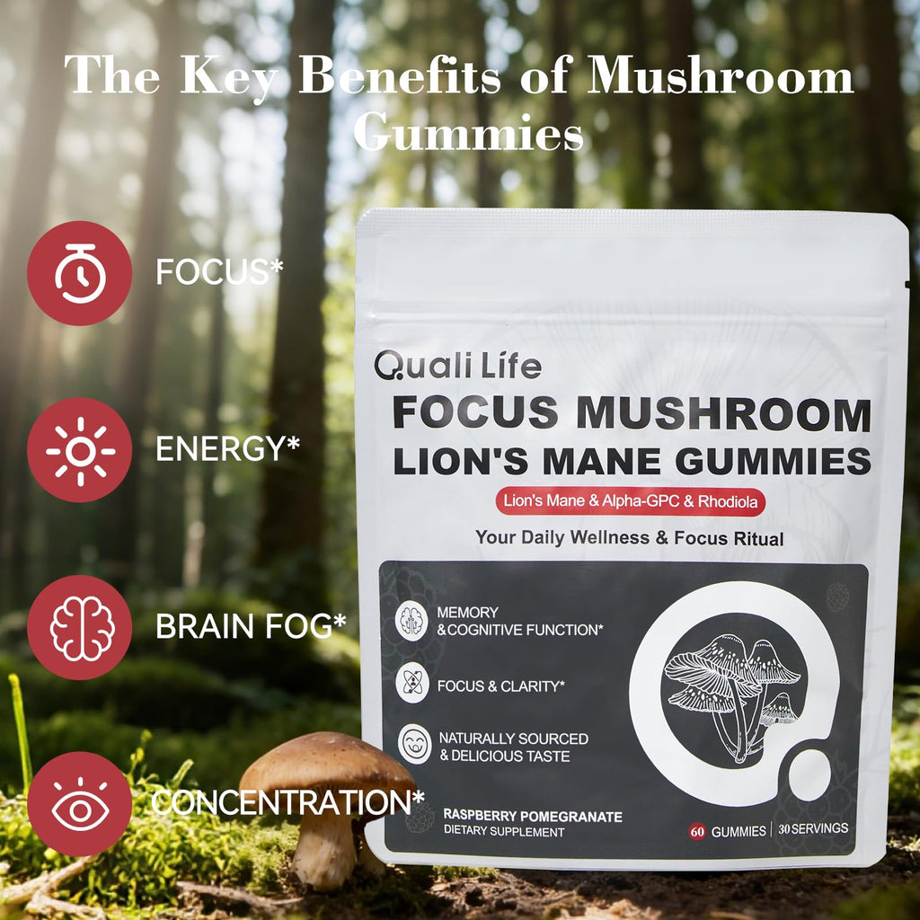 Mushroom Gummies with Lion’s Mane - Alpha Brain Gummy for Focus & Memory - Nootropic Focus Gummies with Rhodiola & Alpha-GPC – Vegan Brain Supplement, Raspberry Pomegranate Flavor, 60 Count (1) QualiLife Au supplements