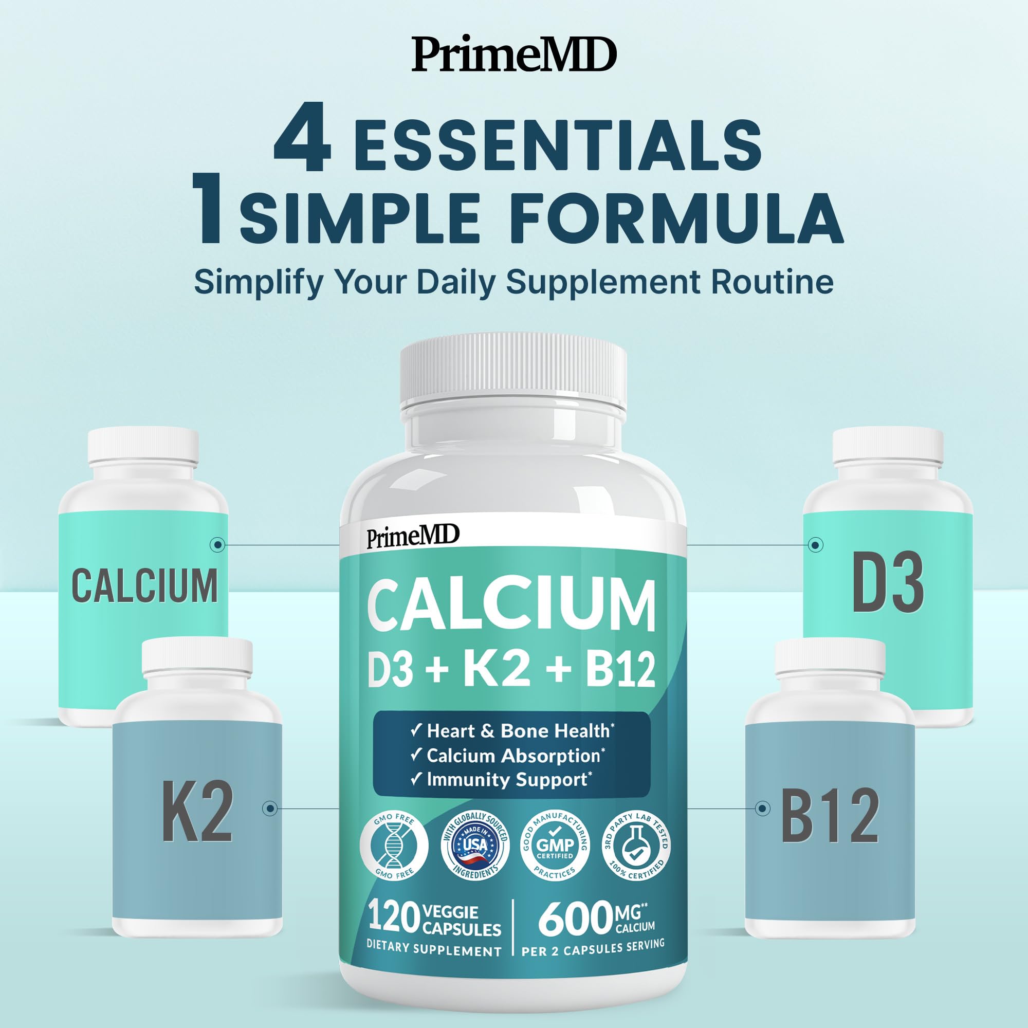 4-in-1 Calcium Supplements for Women & Men - Calcium Citrate with D3 K2 Vitamin 5000 IU - Calcium 600mg with Vitamin D3 K2 - Everyday Vitality Supplement -