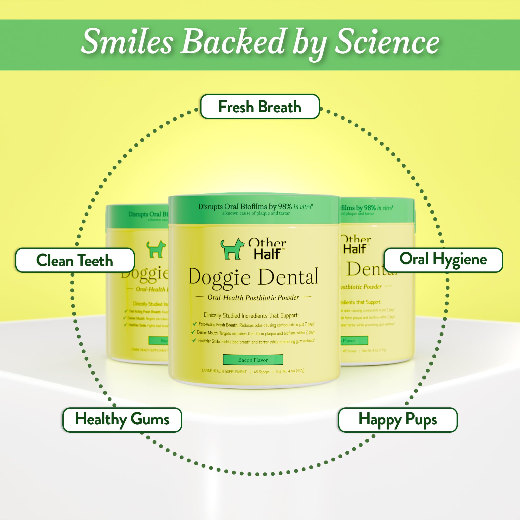 OTHER HALF Doggie Dental Supplement Powder - Dog Breath Freshener & Teeth Cleaning Made Easy - Oral Health Postbiotic for Dogs - Targets Tartar, Plaque & Bad Breath | 45 Scoops, Bacon Flavor OTHER HALF Au supplements