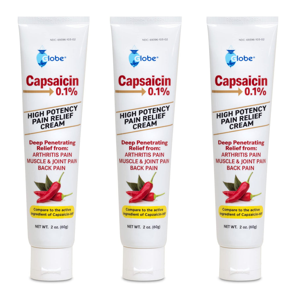 Globe (3 Pack) Capsaicin 0.1% High Potency Pain Relief Cream, Unscented (2 oz) Deep Penetrating Relief from: Arthritis, Muscle, Joint and Back Pain Globe Au supplements