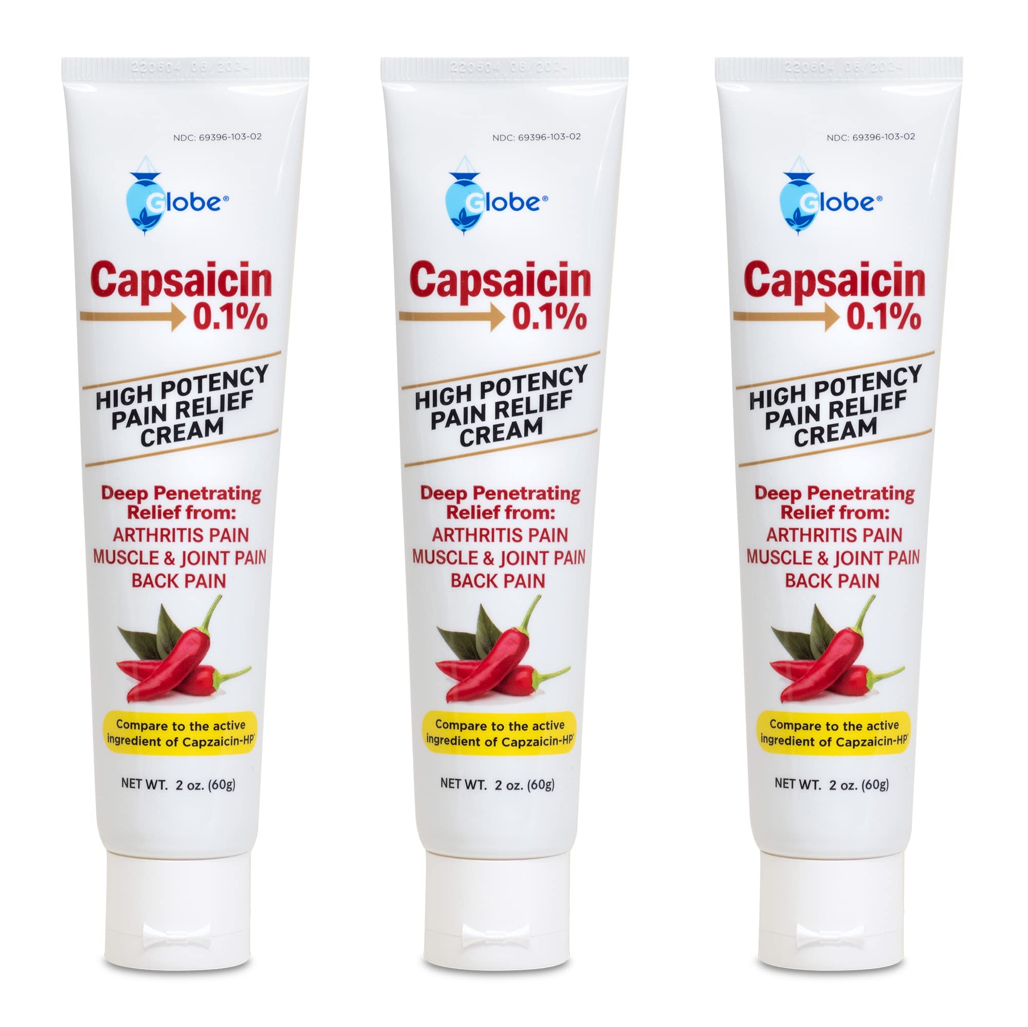 Globe (3 Pack) Capsaicin 0.1% High Potency Pain Relief Cream, Unscented (2 oz) Deep Penetrating Relief from: Arthritis, Muscle, Joint and Back Pain Globe Au supplements