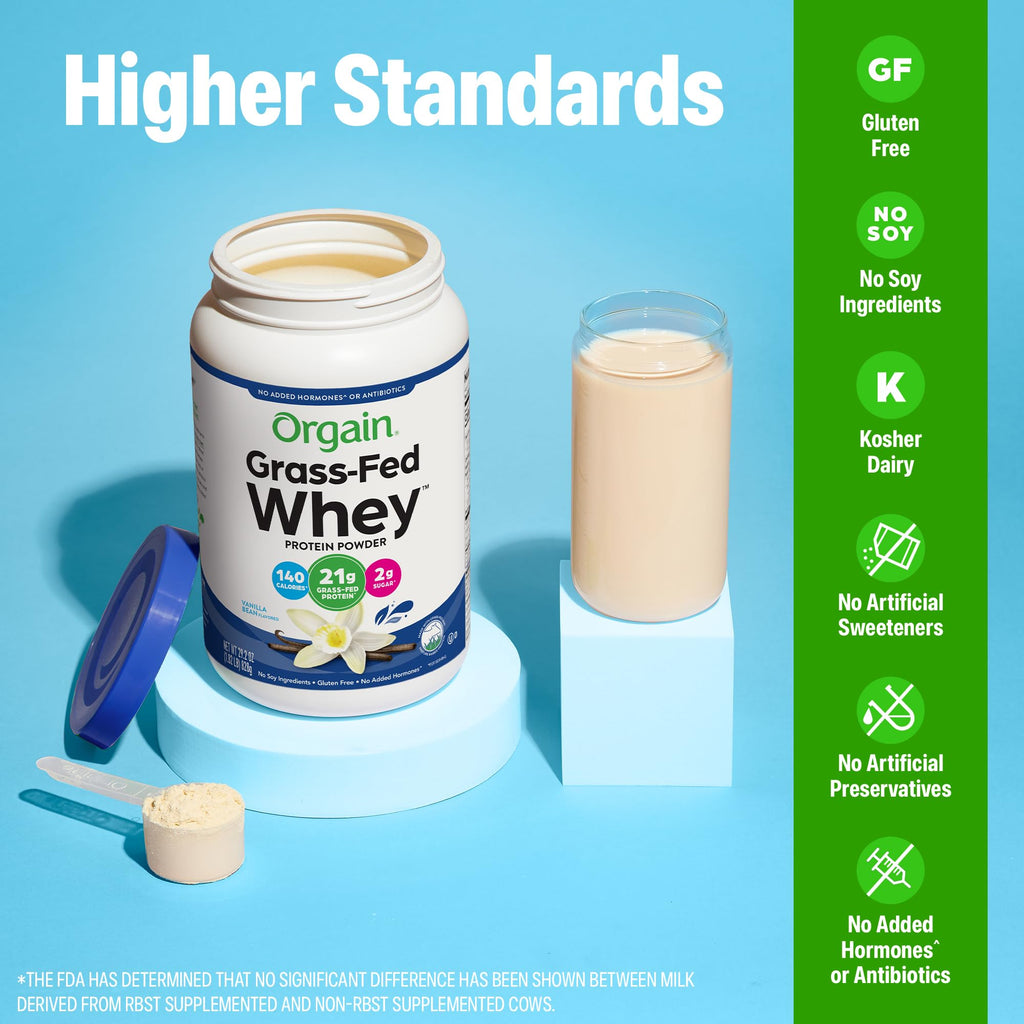 Orgain Whey Protein Powder, Vanilla Bean, 21g Grass Fed Dairy Protein, 5g BCAAs, 3g Prebiotic Fiber, 2g Sugar, No Added Hormones, Gluten Free, Kosher, for Shakes & Smoothies, 1.82 lb