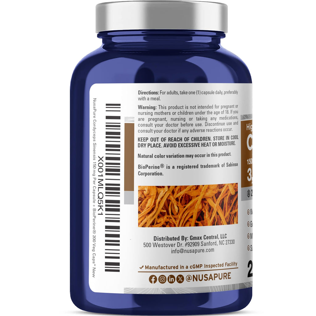 NusaPure Cordyceps 20:1 Extract, 150 mg Equivalent to 3,000mg 200 Veggie Capsules (Sinensis CS-4, Non-GMO, Vegan) Bioperine NusaPure Au supplements