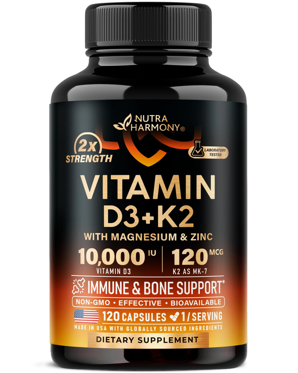 Vitamin D3 K2 - Vitamin D3 10000 iu & K2 as MK-7 120 mcg - Immune & Mood Support, for Bone & Teeth Health - with Magnesium, Zinc & Vitamin C & B12 - Highly Bioavailable