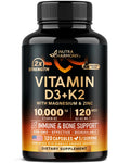 Vitamin D3 K2 - Vitamin D3 10000 iu & K2 as MK-7 120 mcg - Immune & Mood Support, for Bone & Teeth Health - with Magnesium, Zinc & Vitamin C & B12 - Highly Bioavailable