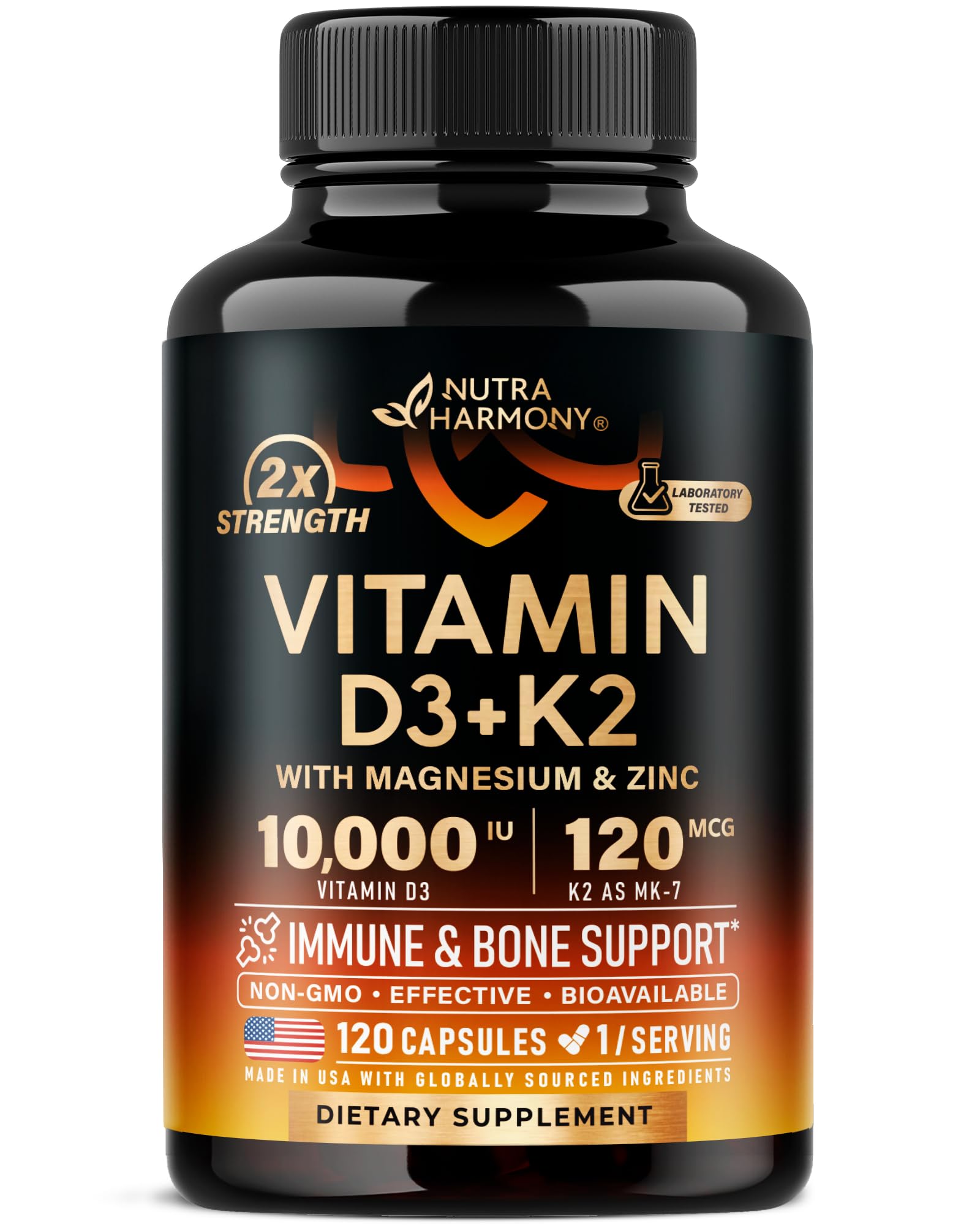 Vitamin D3 K2 - Vitamin D3 10000 iu & K2 as MK-7 120 mcg - Immune & Mood Support, for Bone & Teeth Health - with Magnesium, Zinc & Vitamin C & B12 - Highly Bioavailable