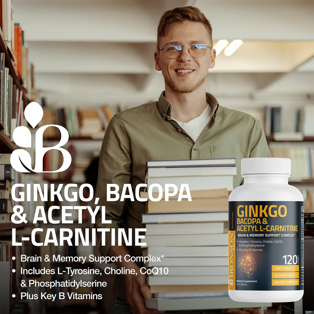 Bronson Ginkgo, Bacopa & Acetyl L-Carnitine Brain & Memory Support Complex with L-Tyrosine, Choline, CoQ10 & Phosphatidylserine Plus Key B Vitamins Non-GMO, 30 Tablets Bronson Au supplements