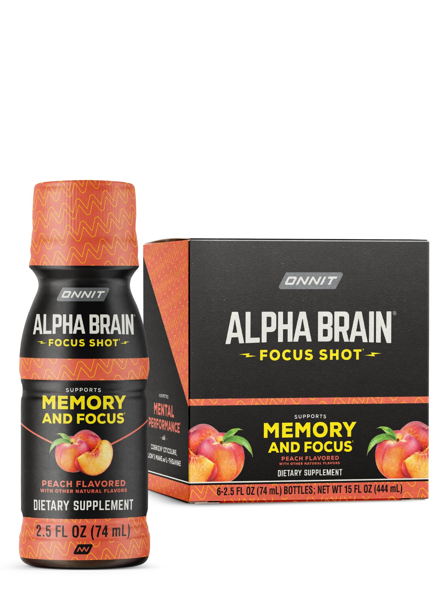 ONNIT Alpha Brain Focus Shot, Peach Flavor, Nootropic Dietary Supplement Drink That Supports Energy, Focus, and Mood, IGEN™ Non-GMO Tested, 2.5 fl oz, 6 Count ONNIT Au supplements