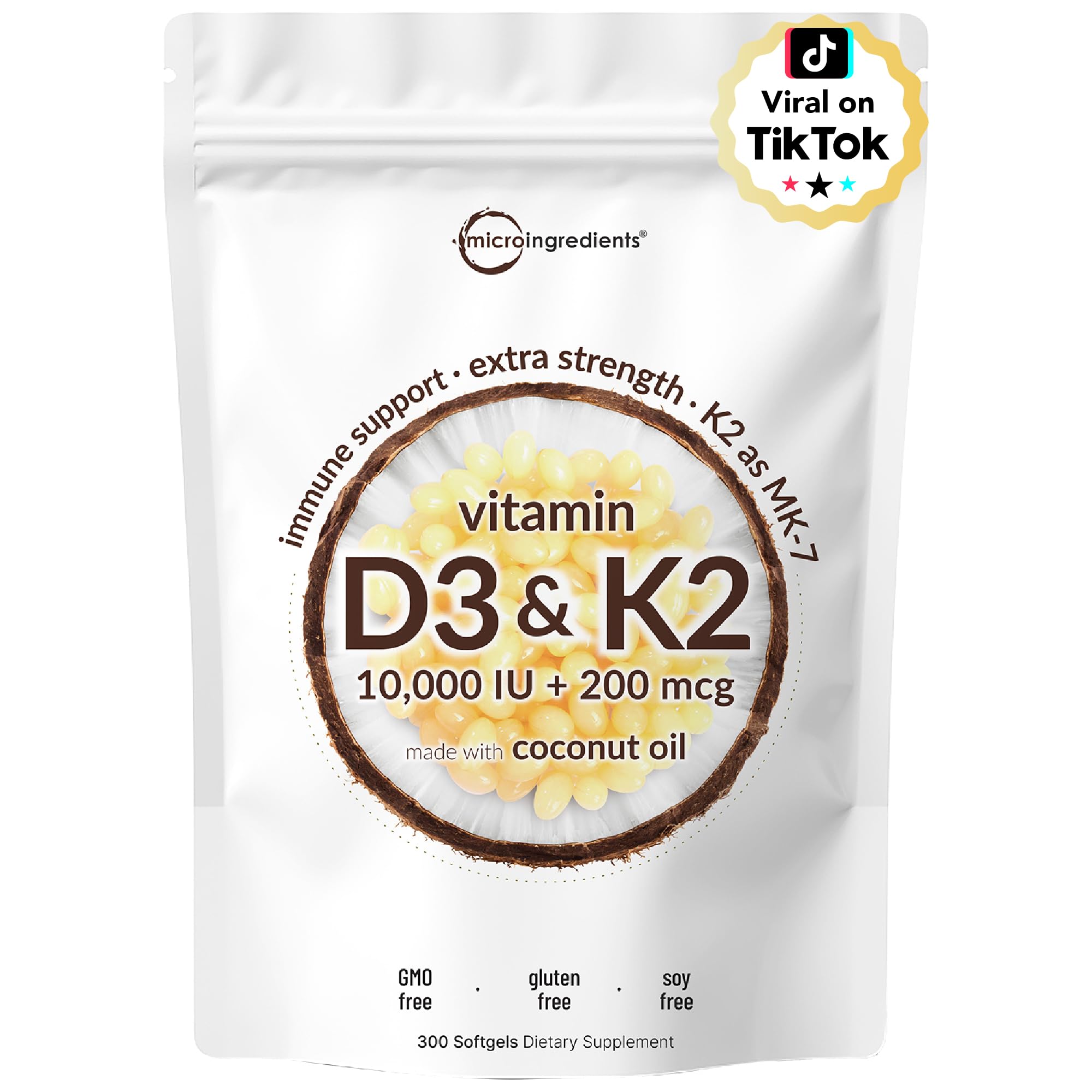 Micro Ingredients Vitamin D3 10,000 IU + K2 MK-7 200 mcg, 300 Softgels with Virgin Coconut Oil | 2-in-1 Vitamins D & K Complex