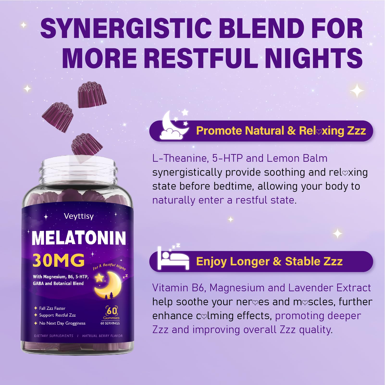 Veyttisy Melatonin 30mg Gummies for Adults - Sugar Free Melatonin Gummies Maximum Strength with Magnesium, B6, GABA & Botanical Blend - Non-Habit Forming,Vegan