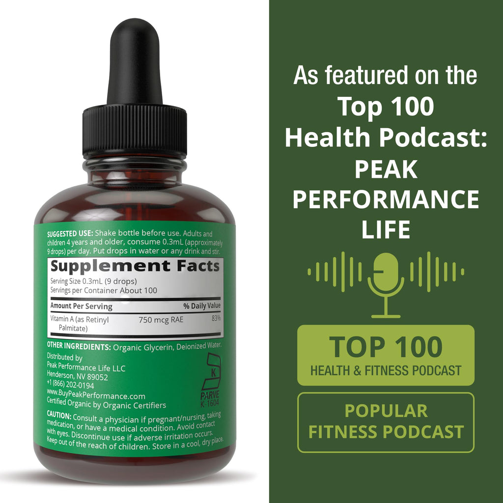 USDA Organic Vitamin A Liquid Drops Supplement. Vegan High Bioavailability for Eye, Skin + Bone Health. for Adults, Men, Women, Kids. Vit A Oil Retinyl Palmitate. Gluten Free, Zero Sugar. 100 Servings Peak Performance Au supplements