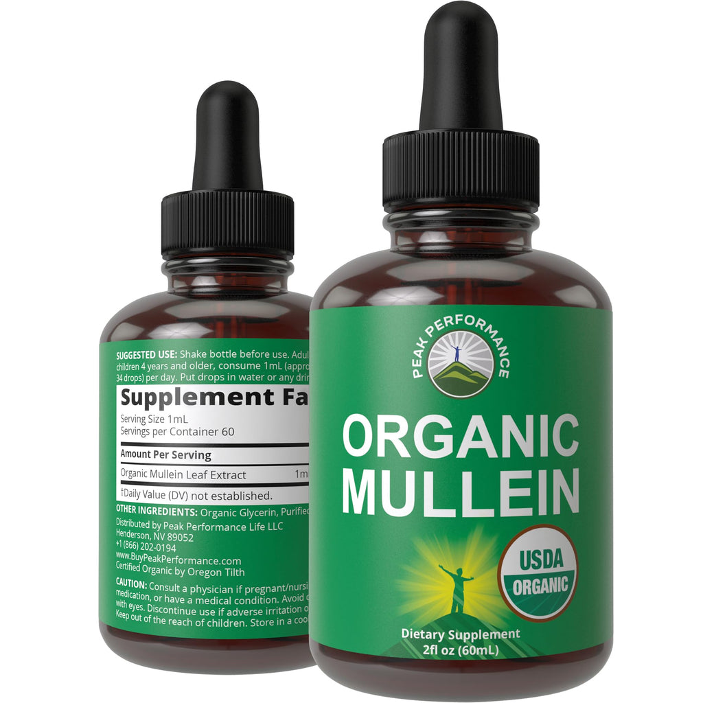 USDA Organic Mullein Leaf Drops for Lungs, Respiratory Health, Detox, Cleanse. High Bioavailability for Women, Men, Kids. Liquid Tincture Supplement. Sooth Lungs, Cough, Congestion. Vegan, Zero Sugar Peak Performance Au supplements
