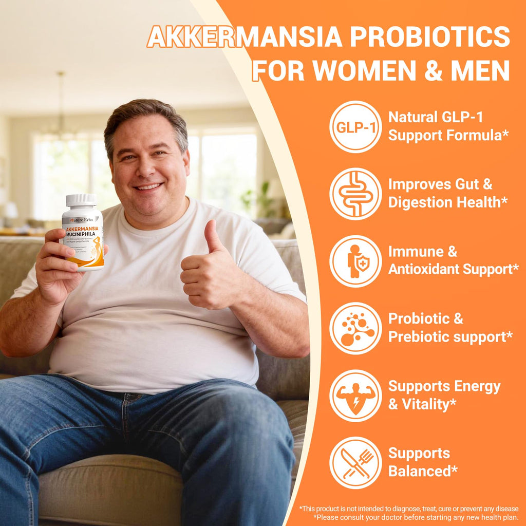 Nature Echo Supplement Support, Akkermansia Muciniphila Supplement for Cravings & Gut Health with Collagen, Inulin & Chromium - 60 Servings Capsules