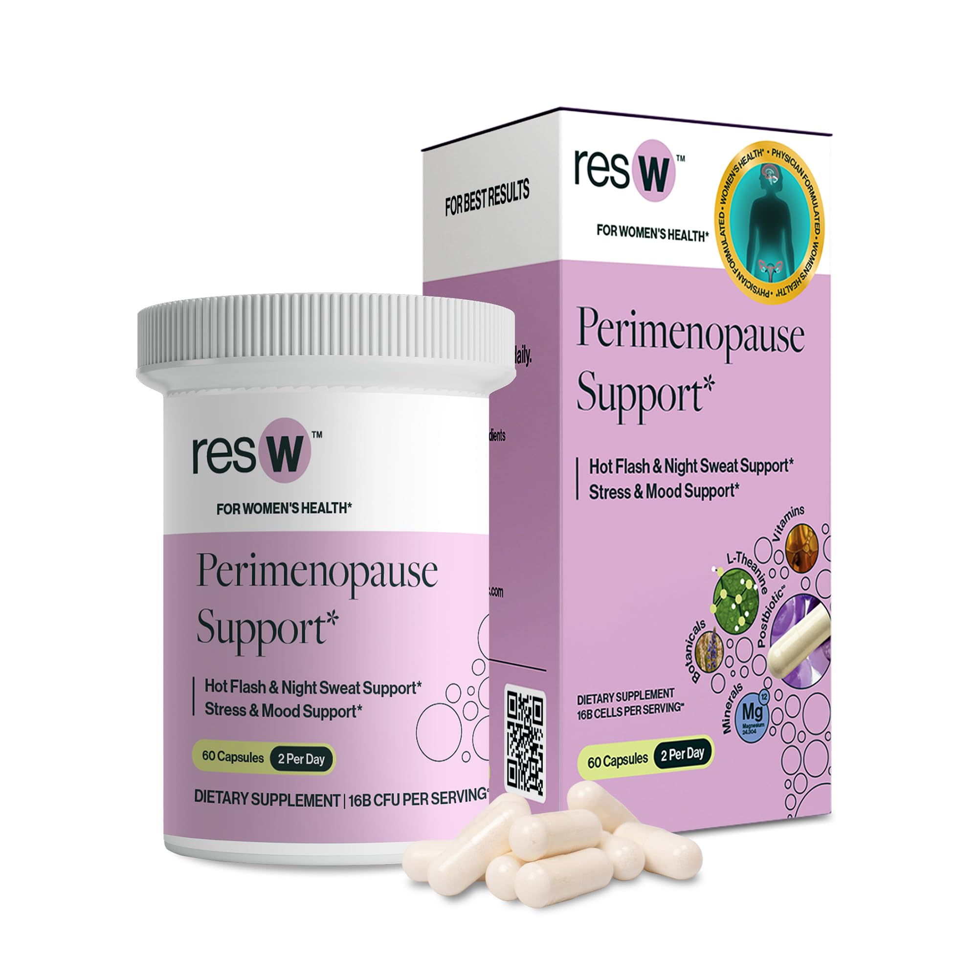 resW Perimenopause Postbiotic Supplement for Women - Hot Flash Support, Night Sweat Relief, Hormone Free, Vegan, Gluten Free, Non GMO, Plant Based Gut Health Support - 60 Capsules ResBiotic Au supplements