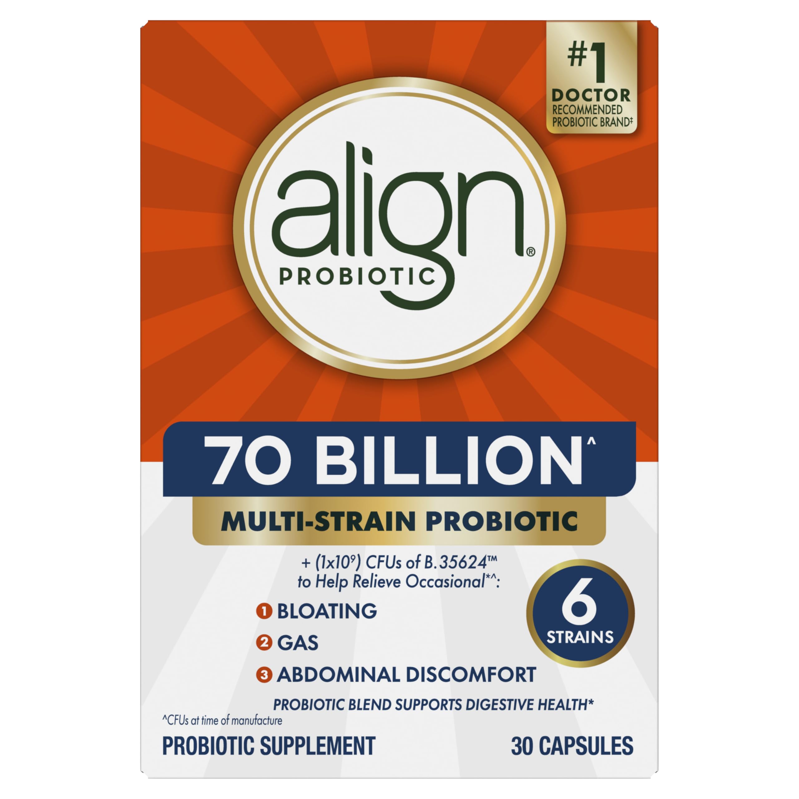 Align Probiotic, 70 Billion CFU, 6 Strain Blend, Probiotics for Women and Men, Daily Probiotics for Digestive Health, Helps Relieve Occasional Bloating & Gas 30 Capsules Align Au supplements