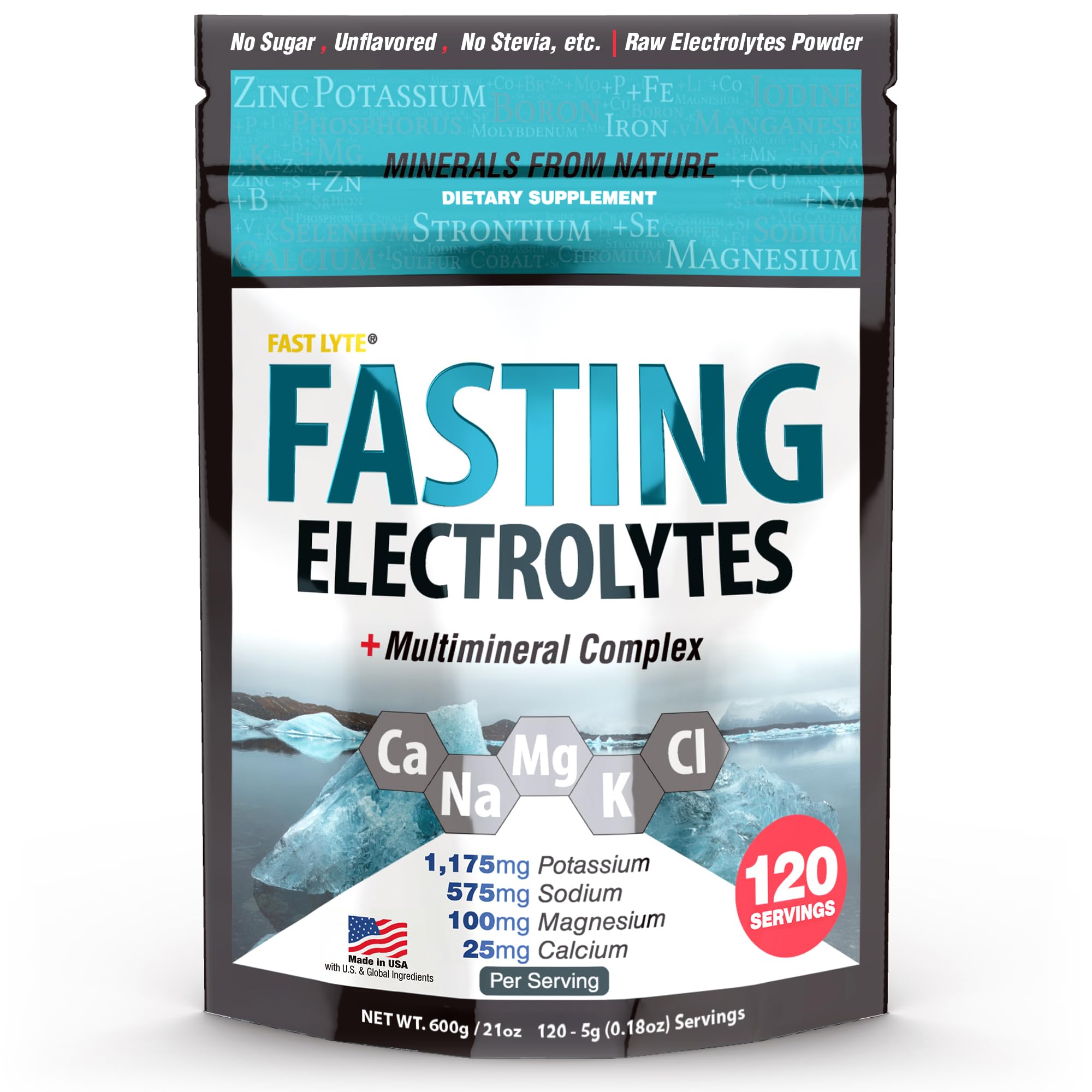 Fast Lyte Fasting Electrolyte Supplement Powder | No Sugar Unflavored Raw Electrolytes | 25% RDI Magnesium and Potassium with Trace Minerals | Carnivore & Keto Friendly