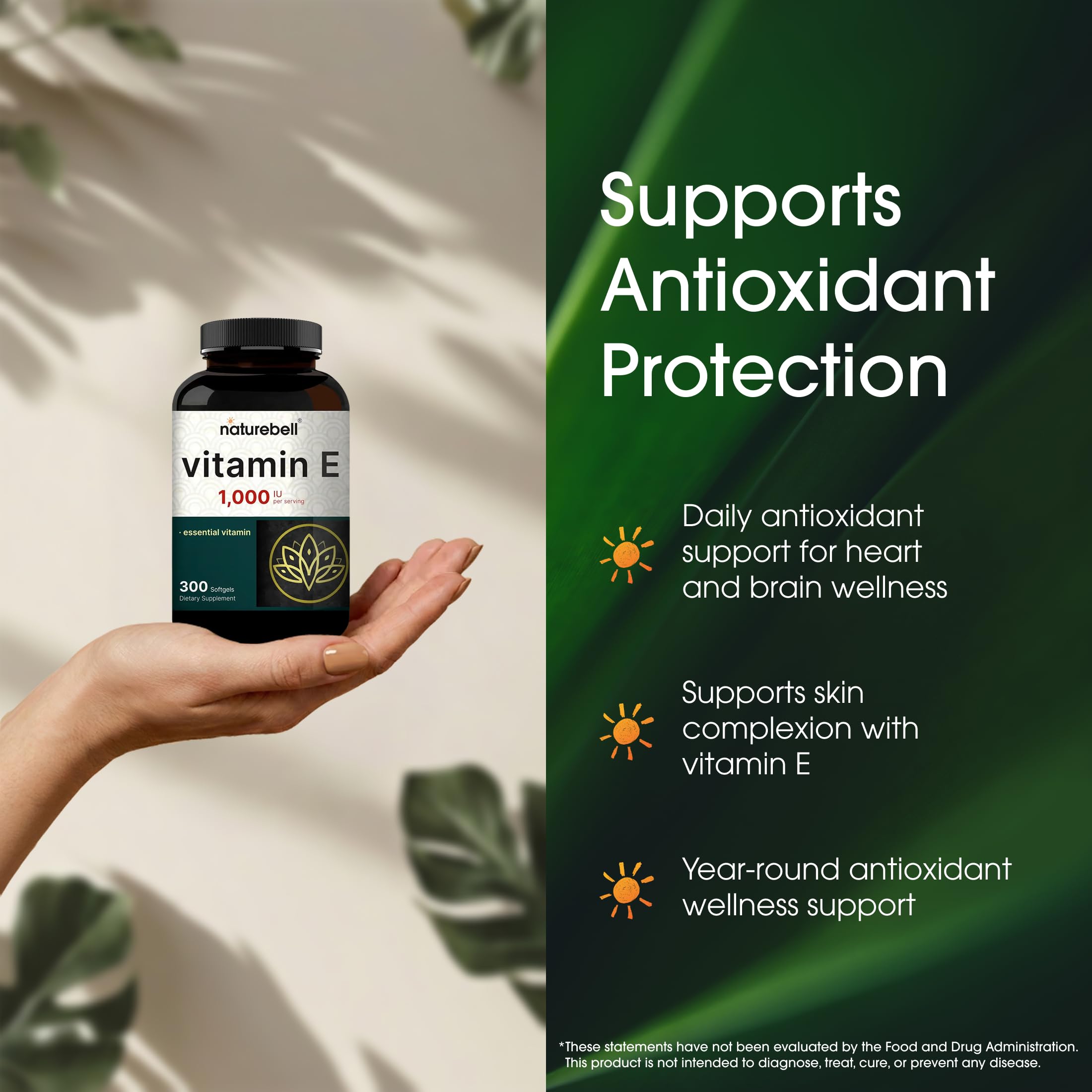 NatureBell Vitamin E 1,000 IU Per Serving - 300 Softgels - Antioxidant Supplement for Skin, Heart & Brain Health Support