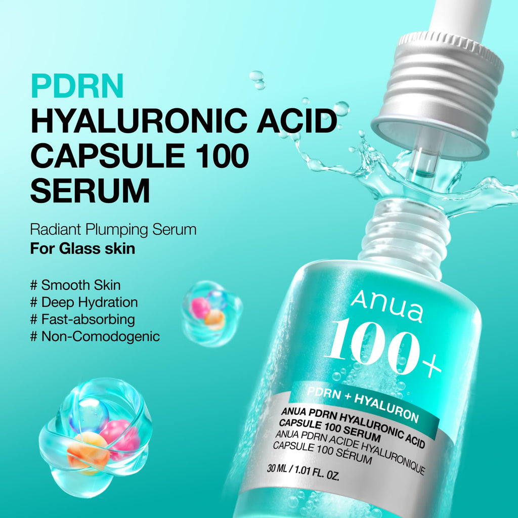 Anua PDRN Hyaluronic Acid Capsule 100 Serum, Radiant Face Serum, Salmon DNA, Hyaluronic Acid, Hydration, Moisture Plumping Effect