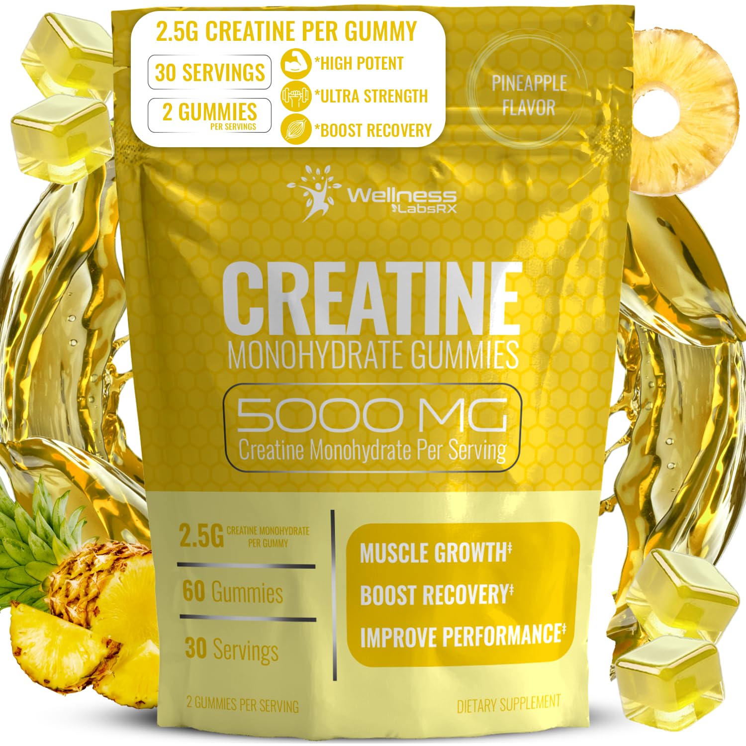 Creatine Gummies 5000mg, 30 Servings Creatine Monohydrate Gummies - Third-Party Tested Creatine for Women, Pineapple Flavor Creatine for Men, Muscle Growth,