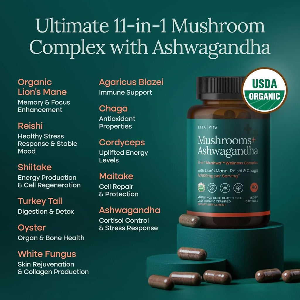 USDA Organic Lions Mane Supplement Capsules with Ashwagandha, Chaga, Reishi, Cordyceps, Turkey Tail (18,600mg/serv) 10x Adaptogenic Mushroom Complex as Focus Supplement - Energy, Immunity & Nootropic Etta Vita Au supplements