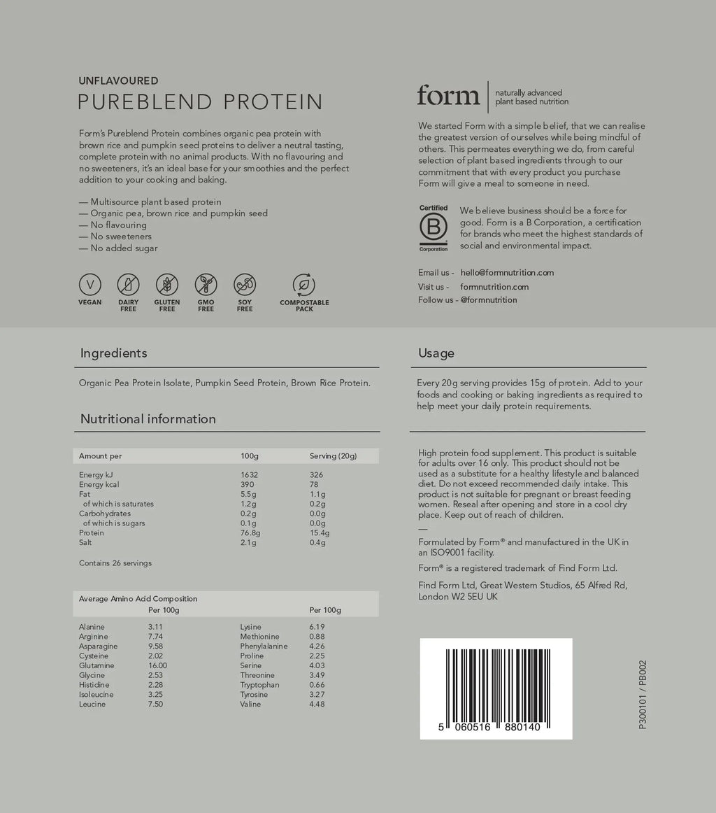 Form Pureblend Protein - Unflavoured and Unsweetened Vegan Protein Powder Form Au supplements