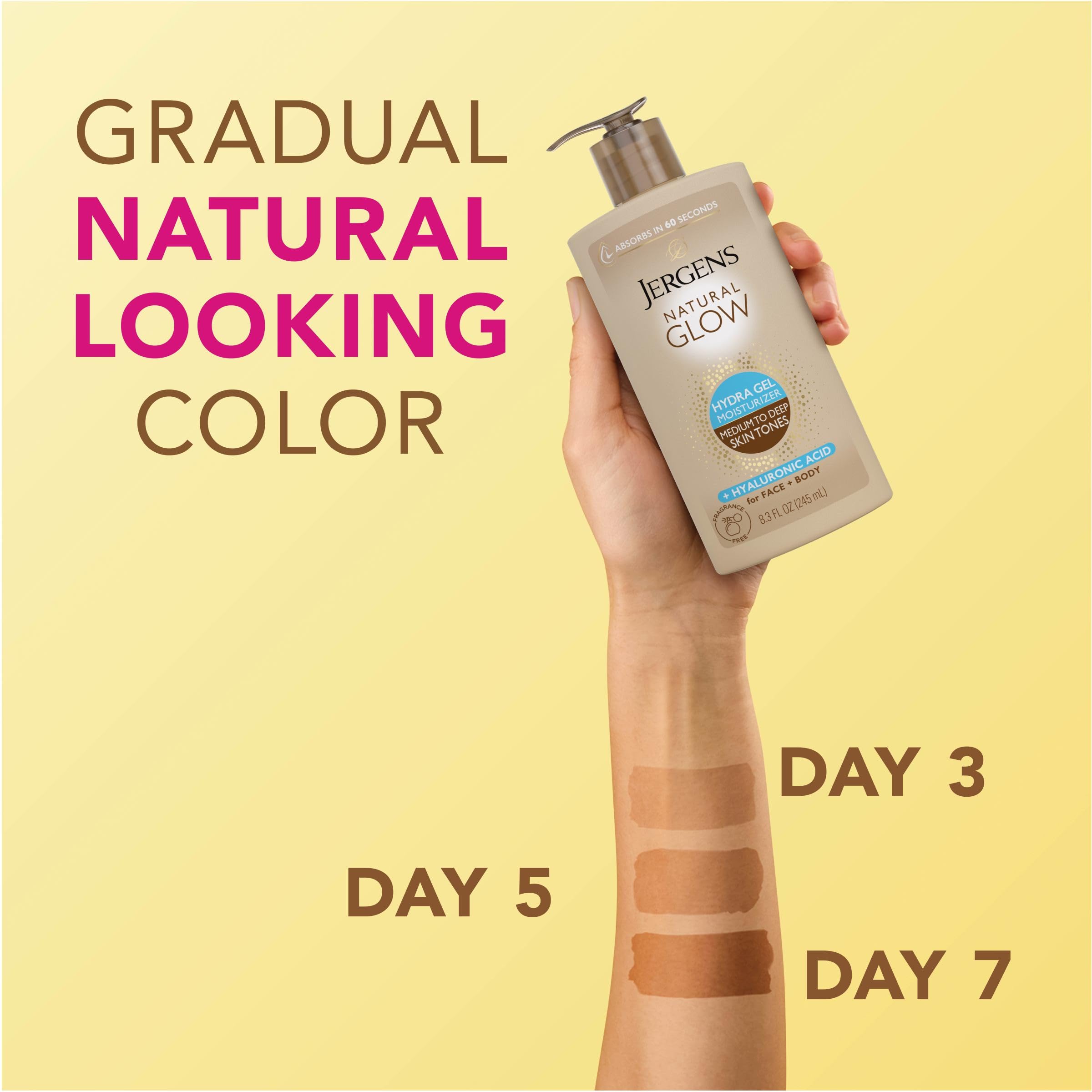 Jergens Natural Glow Hydra Gel Moisturizer, Hyaluronic Acid Tanning Lotion, Hydrating Tanning Gel, Fragrance-Free Self Tanner