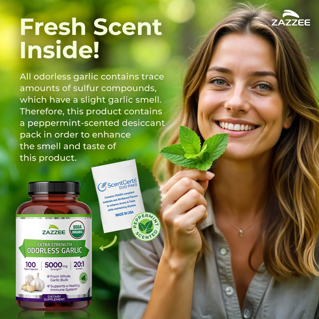 Zazzee USDA Organic Odorless Garlic 20:1 Extract, 1% Allicin, 100 Vegan Capsules, 3+ Month Supply, Allium Sativum, Immune, Circulation & Heart Health Support